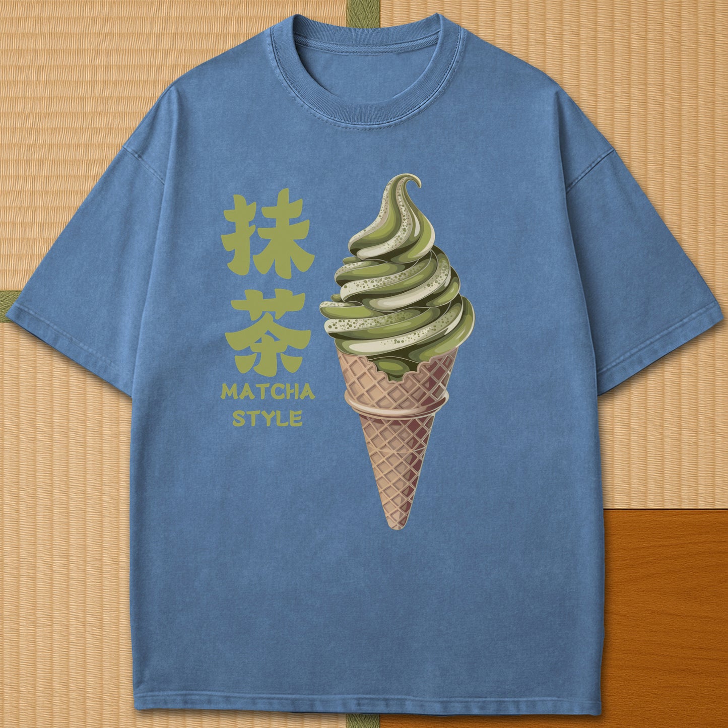 Japanese-inspired cotton Matcha Ice Cream T-Shirt in Blue Jean on Comfort Colors 1717, styled in a modern flatlay scene.
