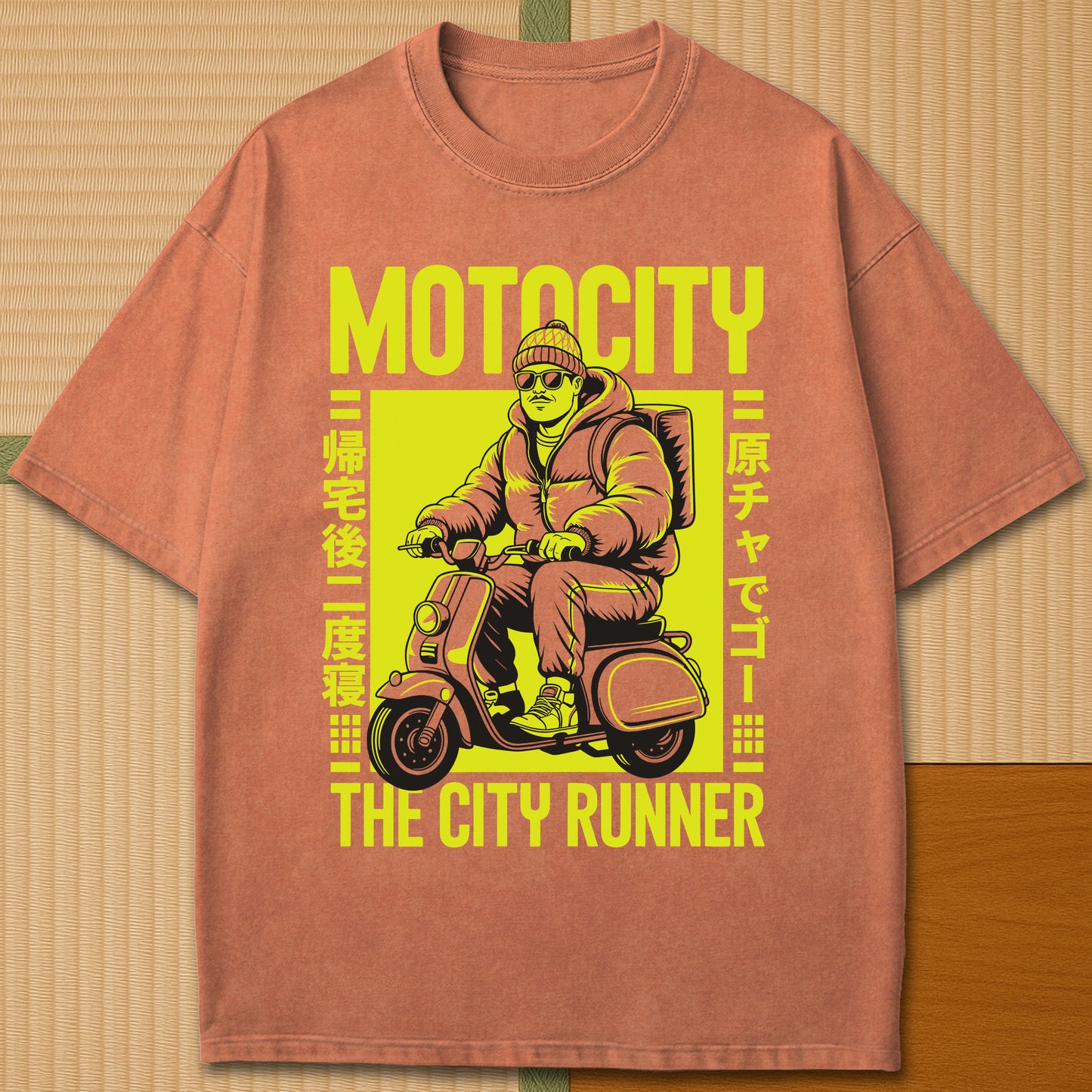 Japanese-inspired cotton Motocity The City Runner T-Shirt in Yam on Comfort Colors 1717, styled in a modern flatlay scene.