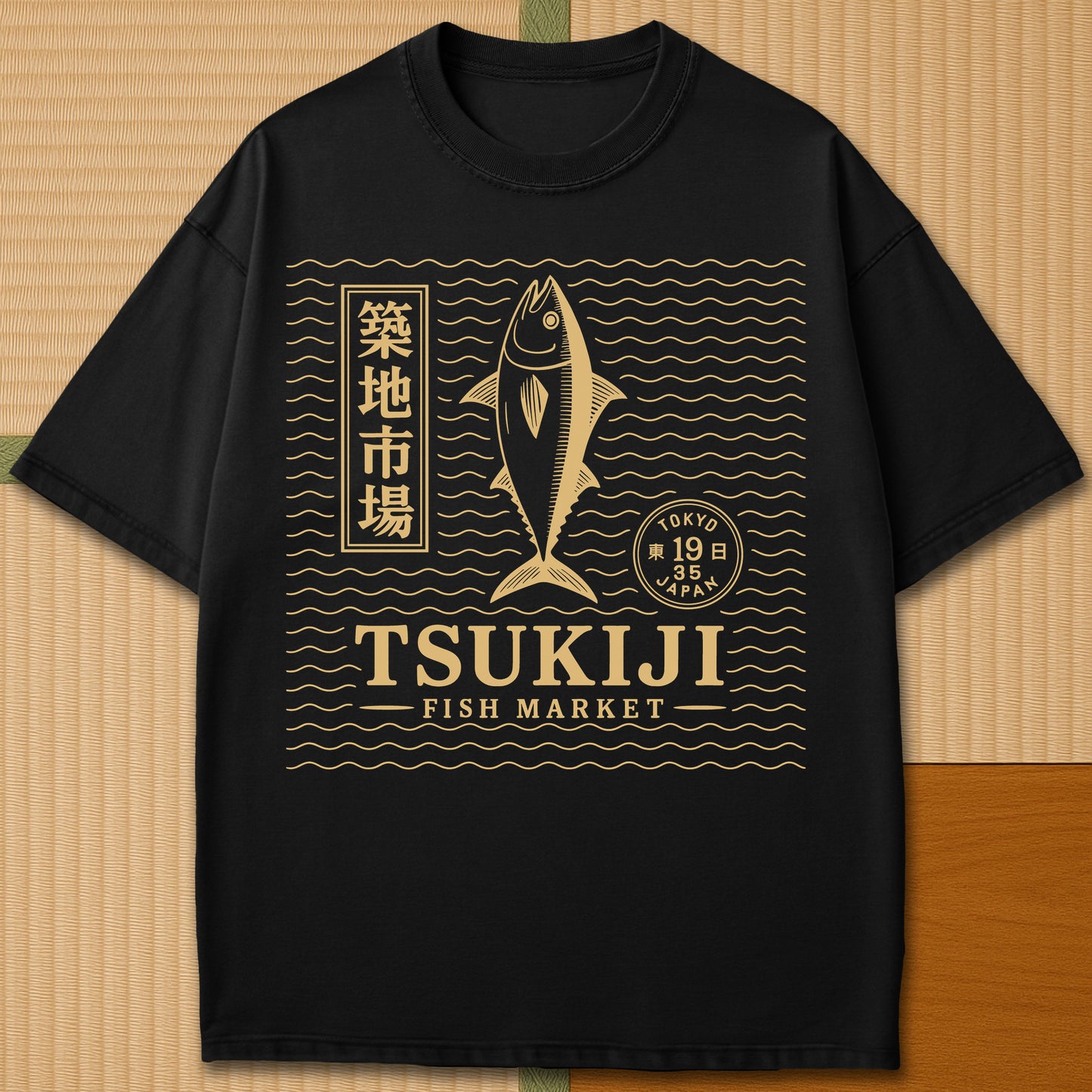 Japanese-inspired cotton Tsukiji Tuna Fish Market T-Shirt in Black on Comfort Colors 1717, styled in a modern flatlay scene.