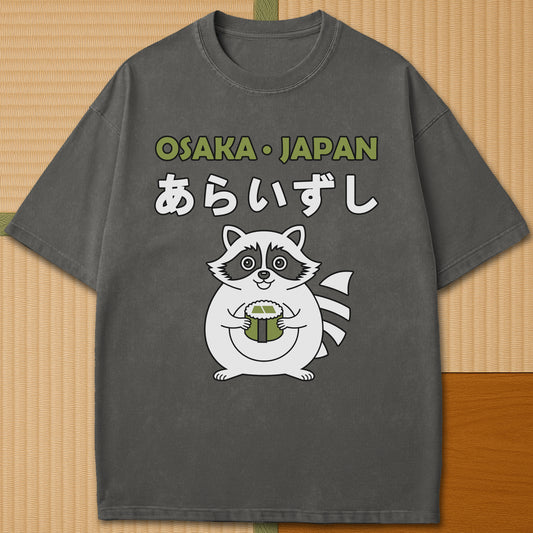 Japanese-inspired cotton Arai Zushi Osaka T-Shirt in Pepper on Comfort Colors 1717, styled in a modern flatlay scene.