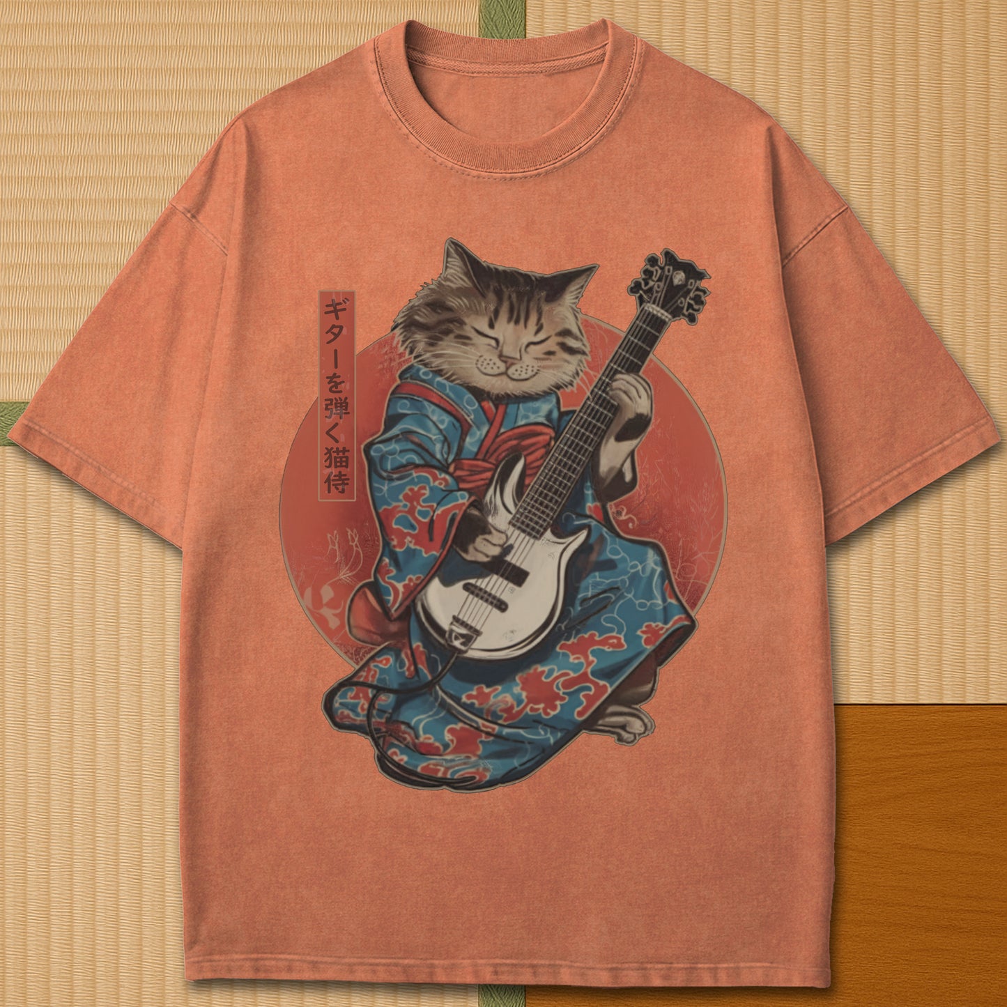 Japanese-inspired cotton Samurai Cat On Guitar T-Shirt in Yam on Comfort Colors 1717, styled in a modern flatlay scene.