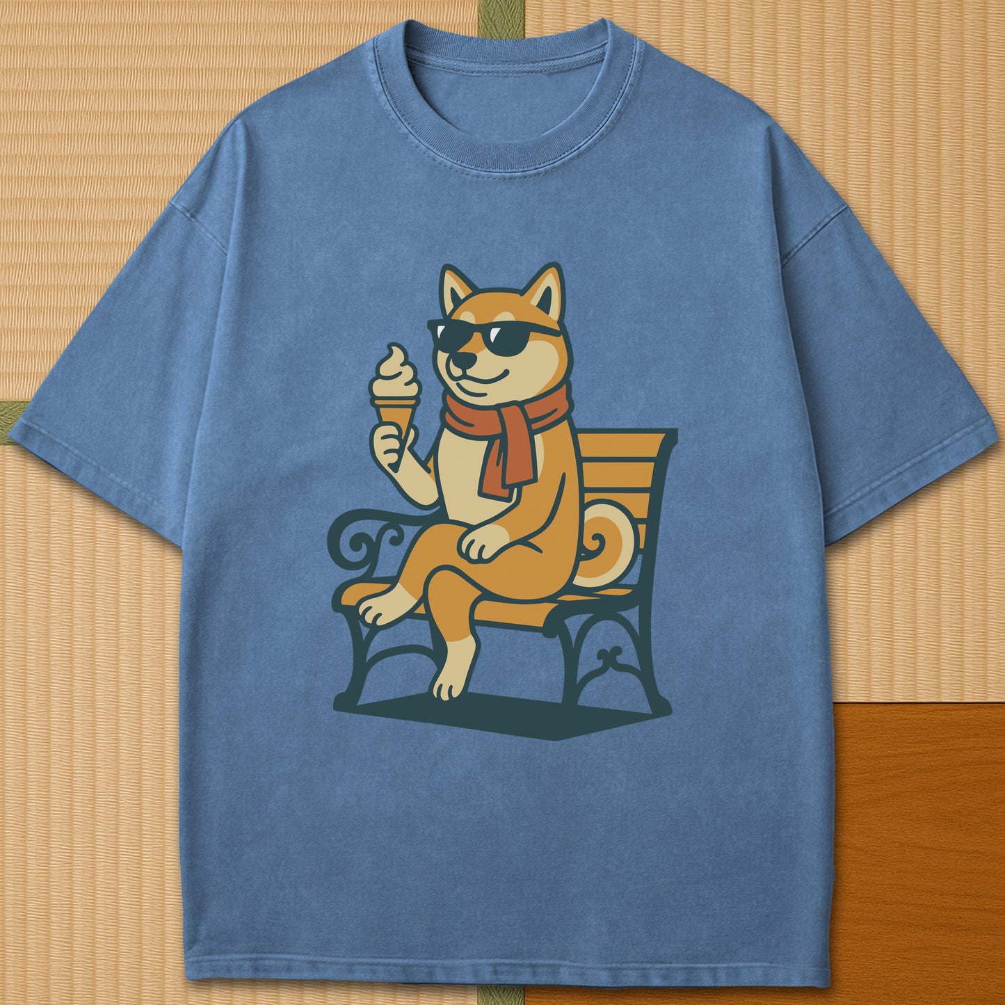 Japanese-inspired cotton Cool Shiba Summer T-Shirt in Blue Jean on Comfort Colors 1717, styled in a modern flatlay scene.
