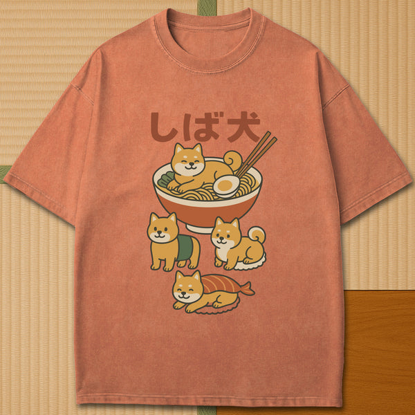 Japanese-inspired cotton Shiba Sushi Ramen Dreams T-Shirt in Yam on Comfort Colors 1717, styled in a modern flatlay scene.