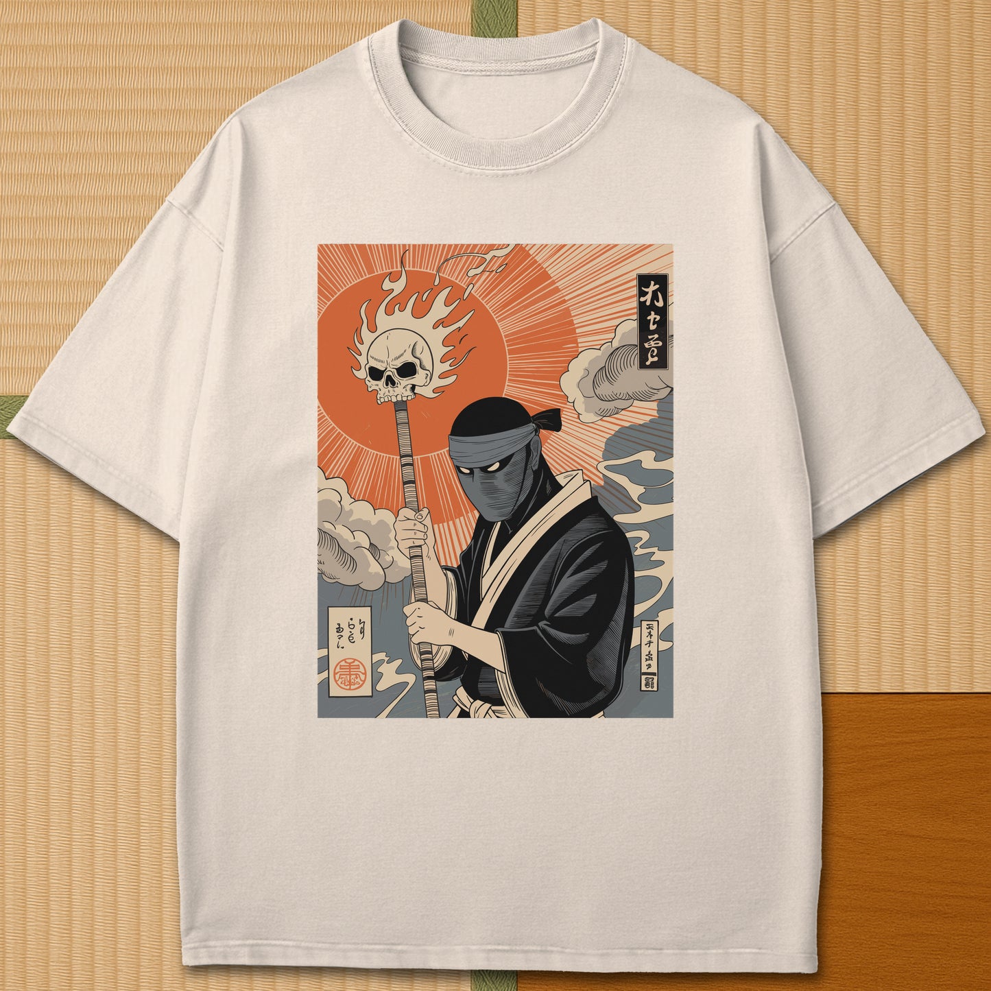 Japanese-inspired cotton Burnt Sun Ninja Vintage Japanese Folklore T-Shirt in Ivory on Comfort Colors 1717, styled in a modern flatlay scene.