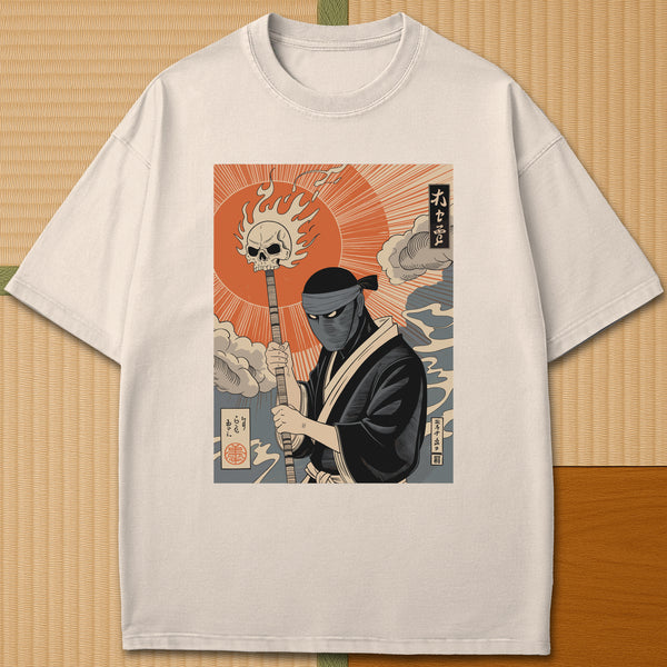 Japanese-inspired cotton Burnt Sun Ninja Vintage Japanese Folklore T-Shirt in Ivory on Comfort Colors 1717, styled in a modern flatlay scene.