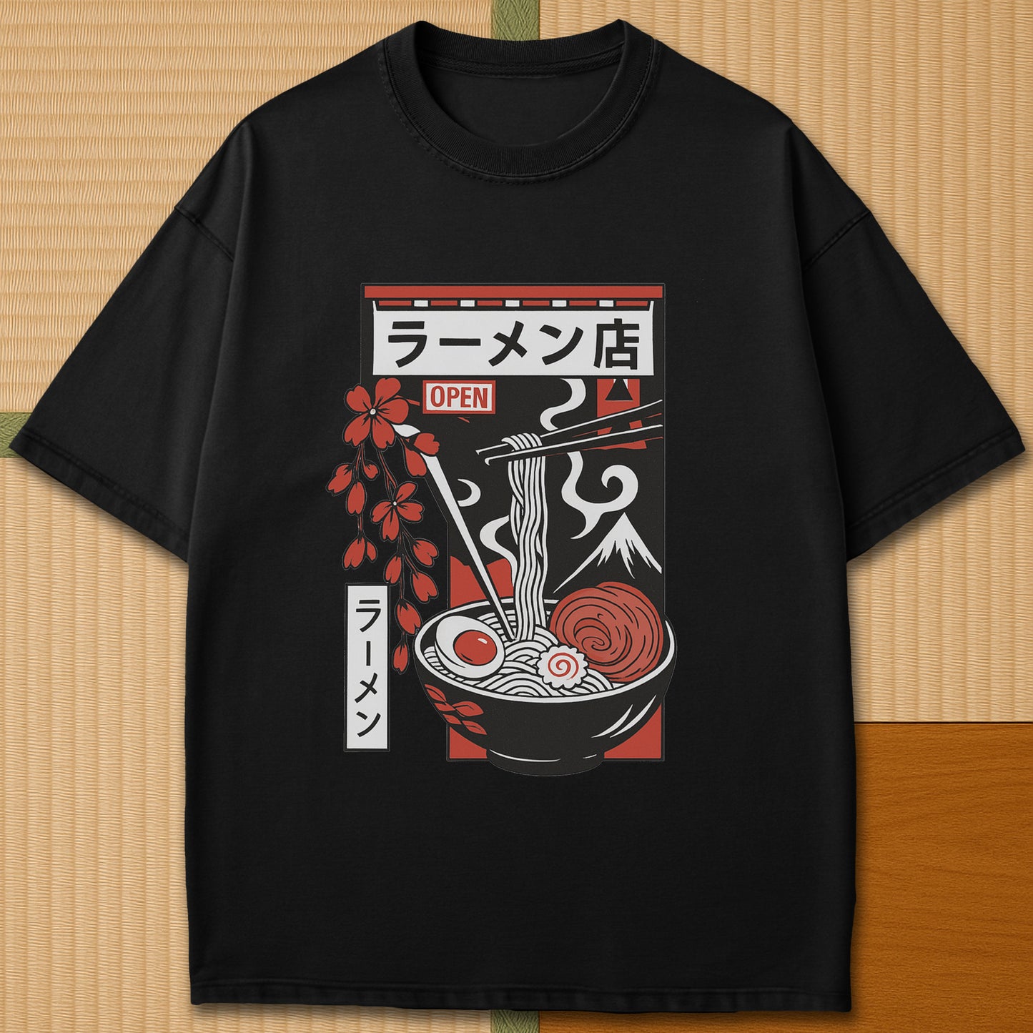 Japanese-inspired cotton Japanese Ramen Bowl T-Shirt in Black on Comfort Colors 1717, styled in a modern flatlay scene.