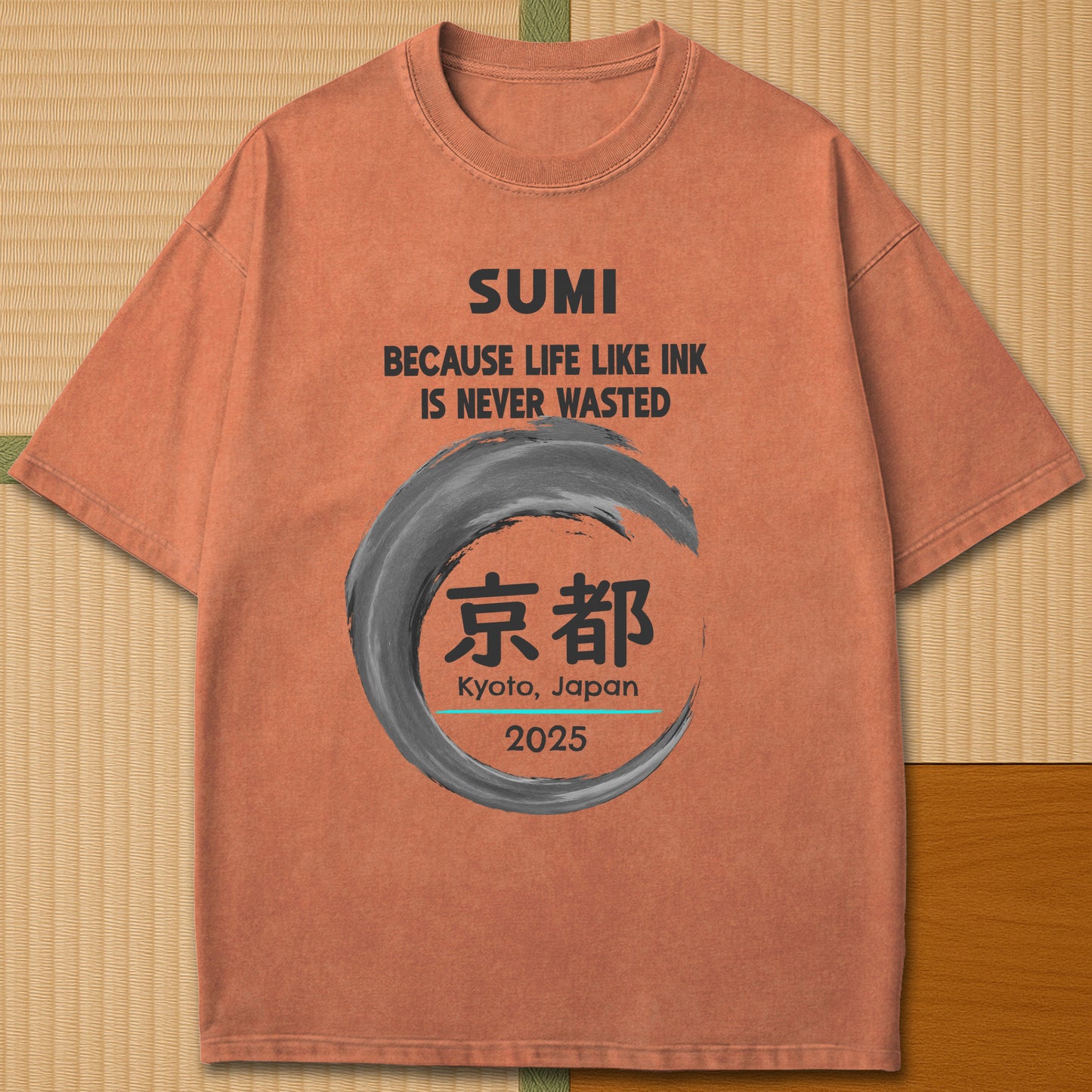 Japanese-inspired cotton Sumi Life Kyoto T-Shirt in Yam on Comfort Colors 1717, styled in a modern flatlay scene.