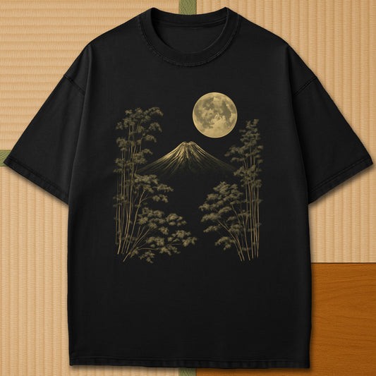 Japanese-inspired cotton Fuji Moonlight Line Art T-Shirt in Black on Comfort Colors 1717, styled in a modern flatlay scene.