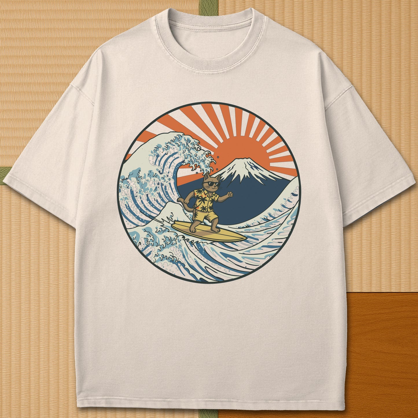 Japanese-inspired cotton Surfing Neko Retro Wave Cat Vs Mt Fuji Sunset T-Shirt in Ivory on Comfort Colors 1717, styled in a modern flatlay scene.