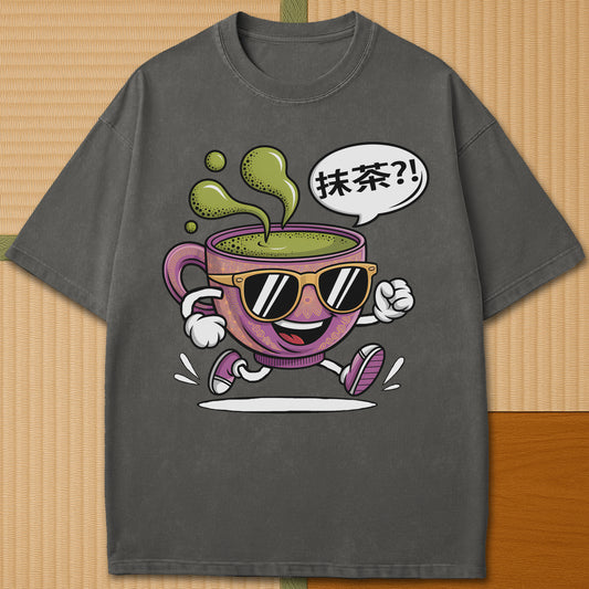 Japanese-inspired cotton Matcha Time Kanji T-Shirt in Pepper on Comfort Colors 1717, styled in a modern flatlay scene.