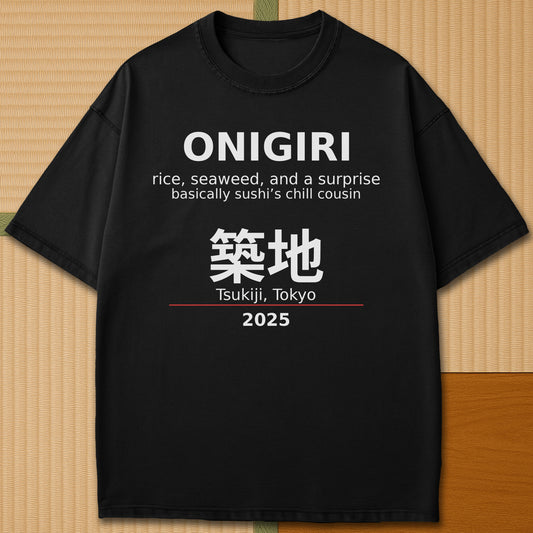 Japanese-inspired cotton Onigiri Tsukiji T-Shirt in Black on Comfort Colors 1717, styled in a modern flatlay scene.