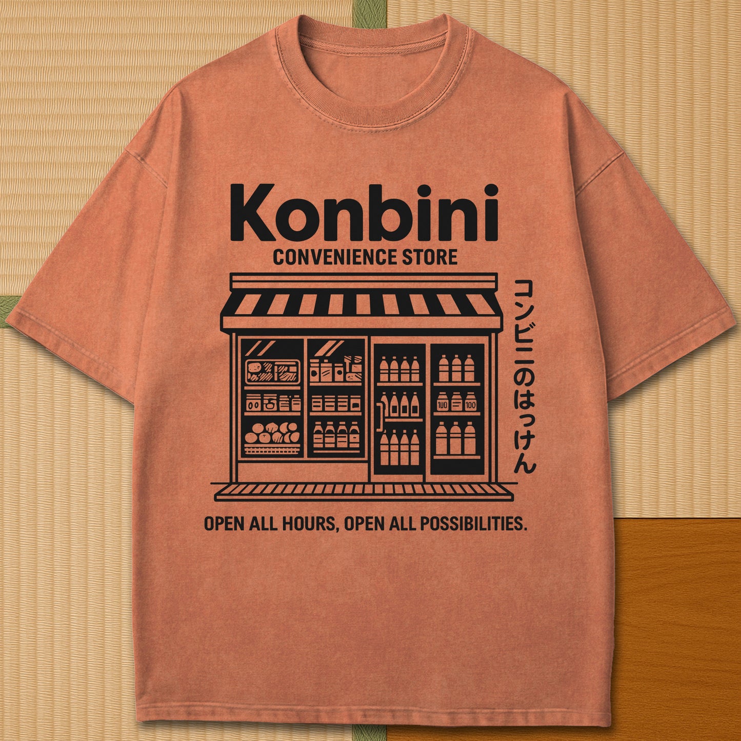 Japanese-inspired cotton Konbini Life T-Shirt in Yam on Comfort Colors 1717, styled in a modern flatlay scene.