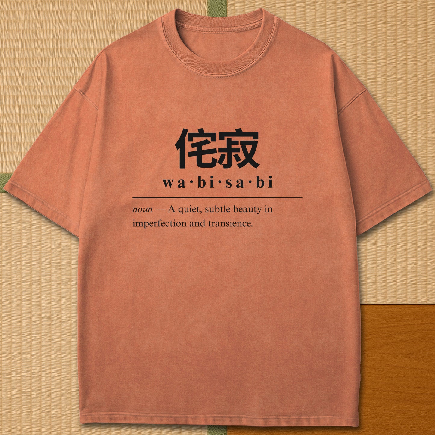 Japanese-inspired cotton Wabisabi Japanese Dictionary T-Shirt in Yam on Comfort Colors 1717, styled in a modern flatlay scene.