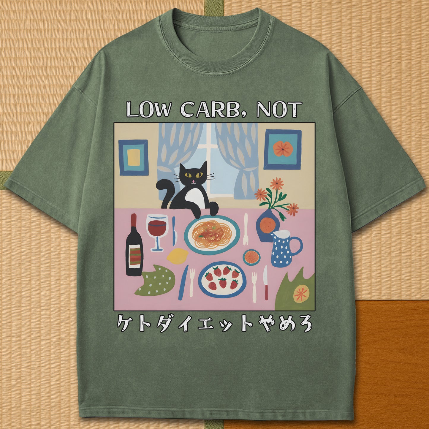 Japanese-inspired cotton Quitting Keto T-Shirt in Moss on Comfort Colors 1717, styled in a modern flatlay scene.