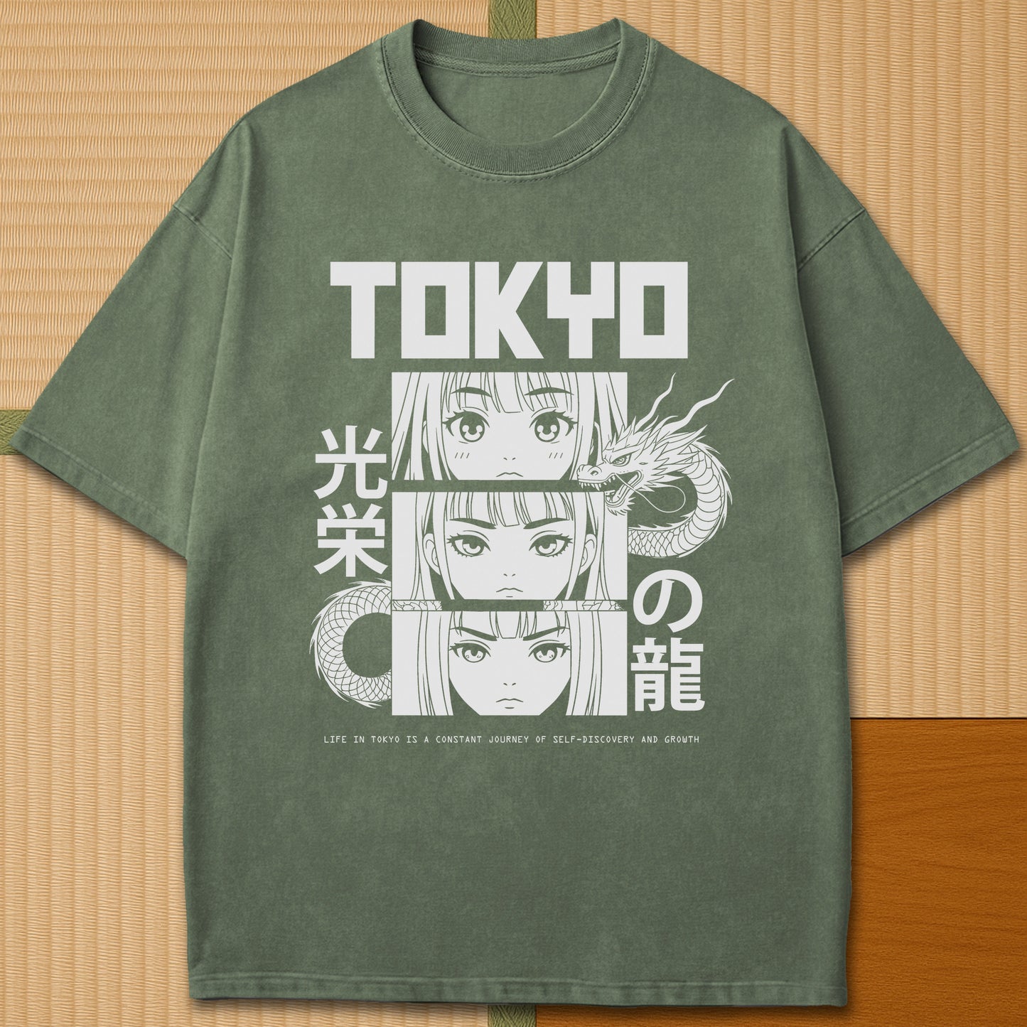 Japanese-inspired cotton Dragon Of Honor T-Shirt in Moss on Comfort Colors 1717, styled in a modern flatlay scene.