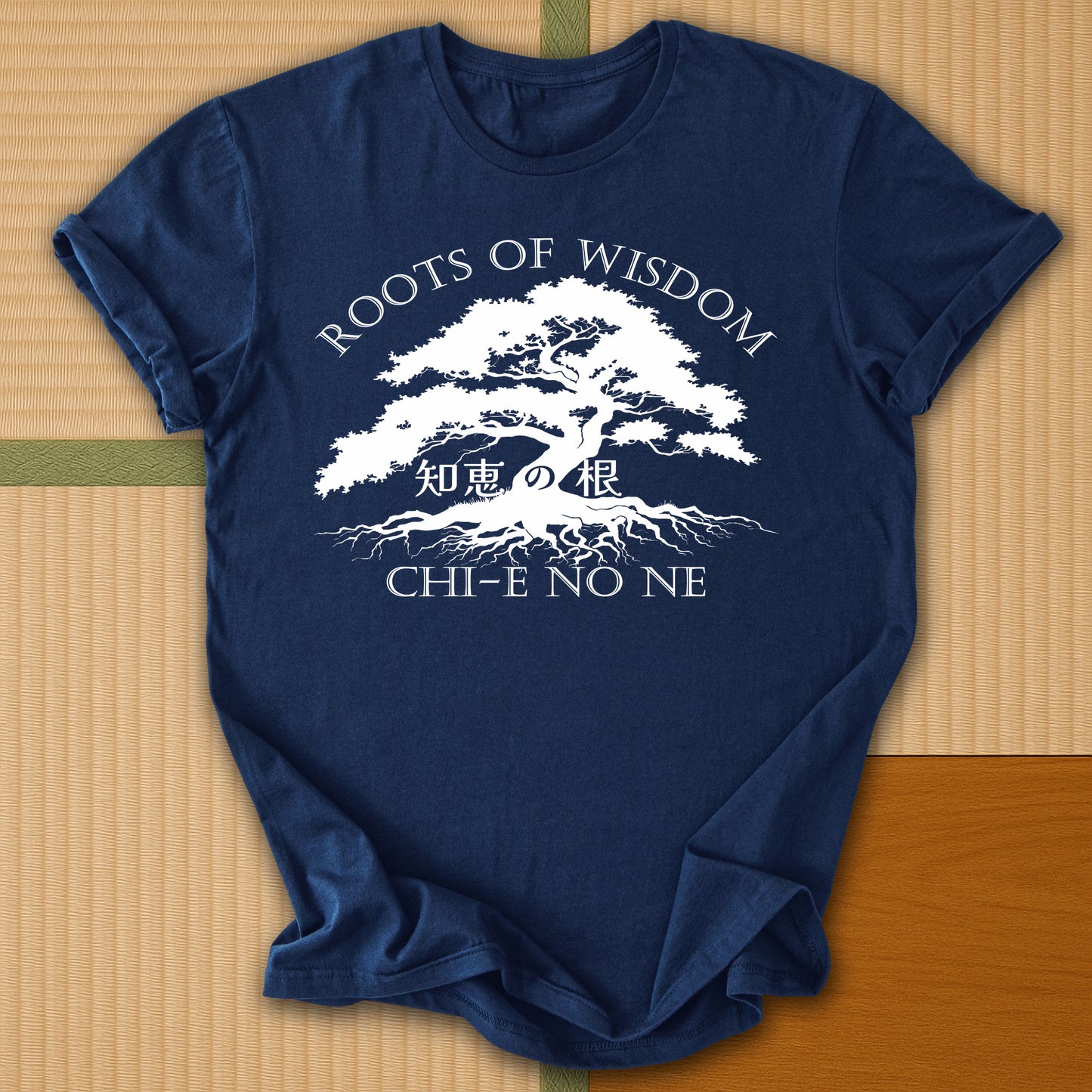 Japanese-inspired cotton Roots of Wisdom T-Shirt in Navy on Gildan 64000, styled in a modern flatlay scene