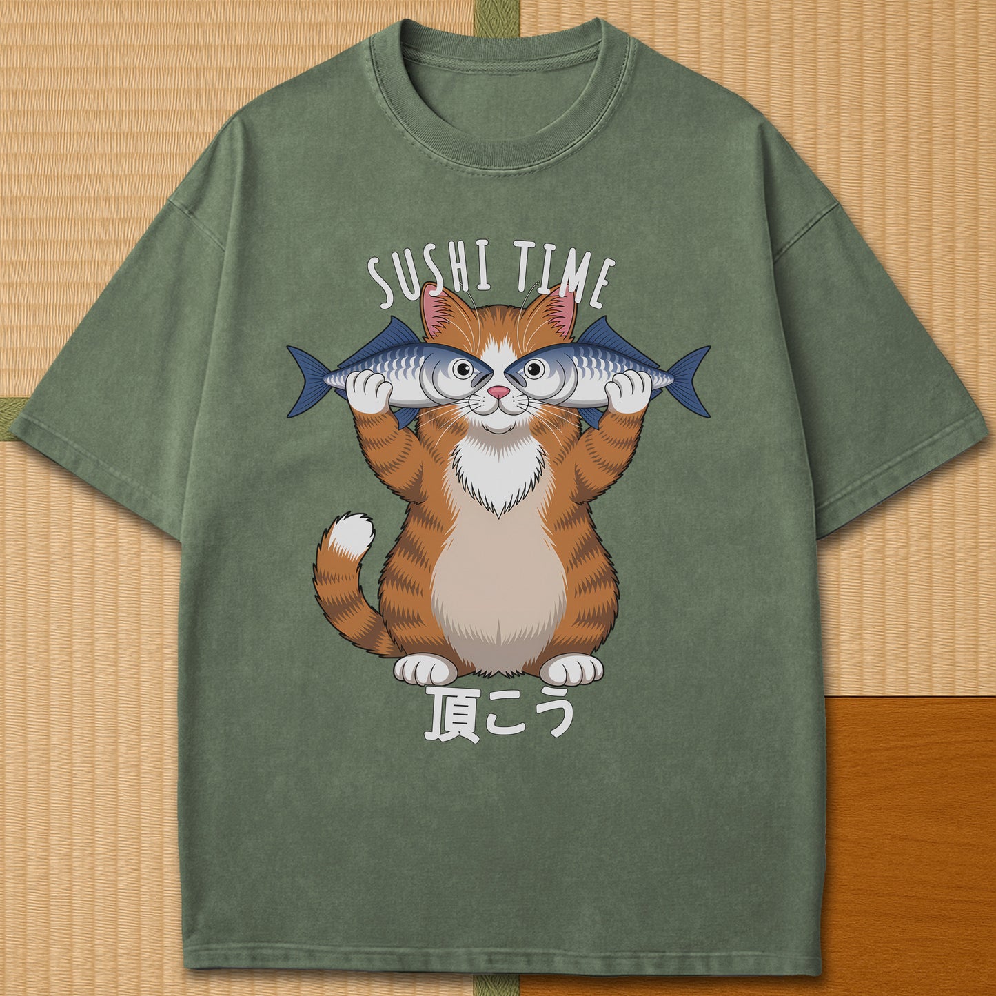 Japanese-inspired cotton Cat Sushi Time T-Shirt in Moss on Comfort Colors 1717, styled in a modern flatlay scene.