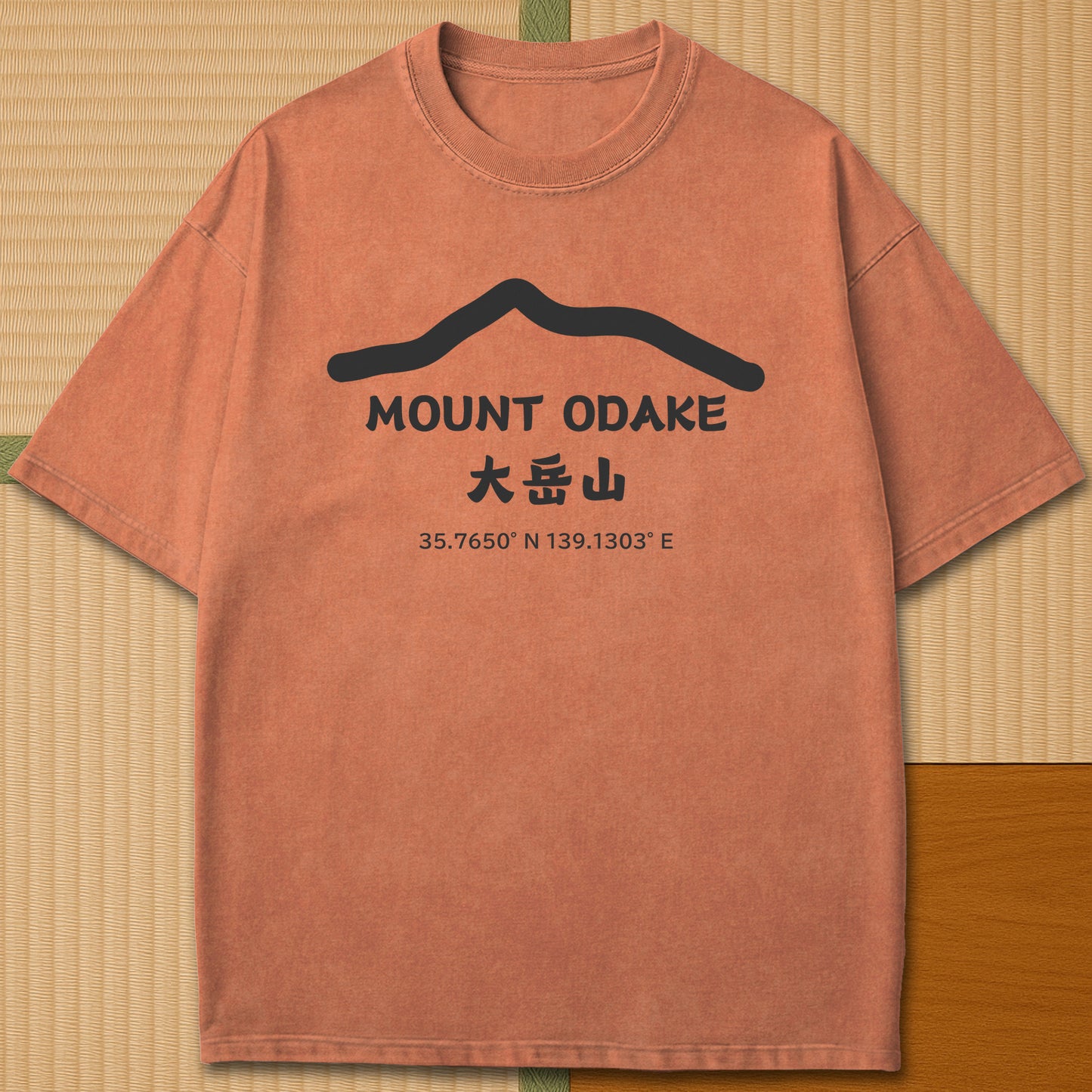 Japanese-inspired cotton Mount Odake T-Shirt in Yam on Comfort Colors 1717, styled in a modern flatlay scene.