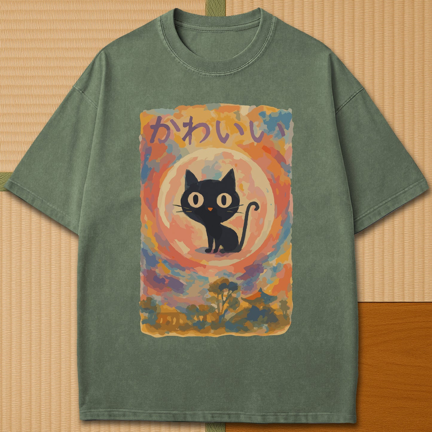 Japanese-inspired cotton Abstract Kawaii Cat Dreamscape T-Shirt in Moss on Comfort Colors 1717, styled in a modern flatlay scene.