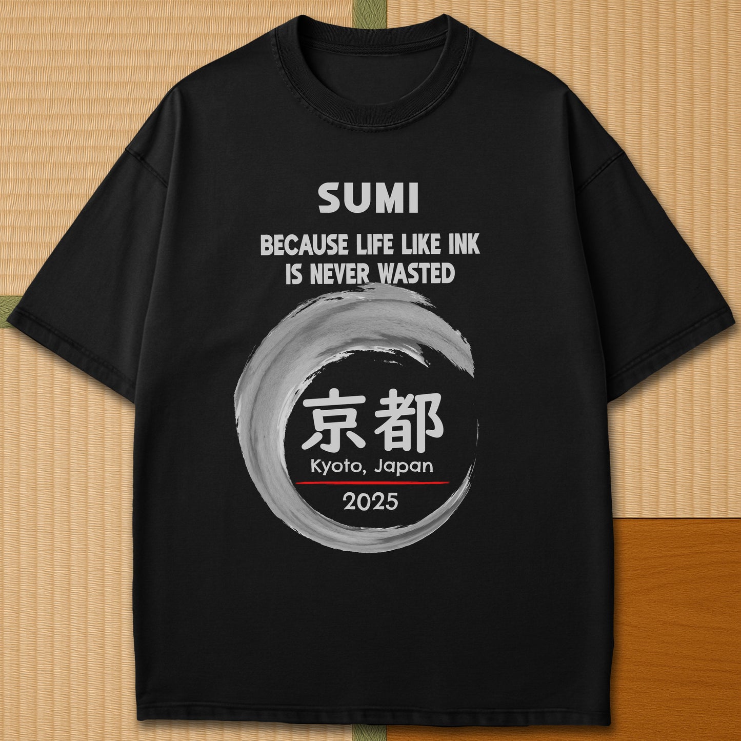 Japanese-inspired cotton Sumi Life Kyoto T-Shirt in Black on Comfort Colors 1717, styled in a modern flatlay scene.