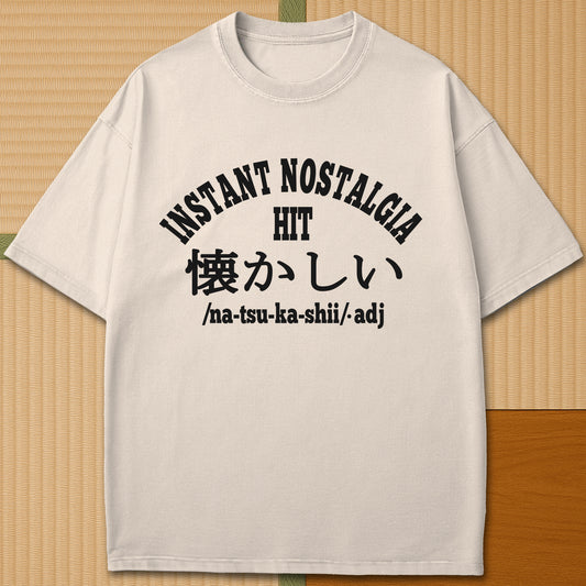 Japanese-inspired cotton Instant Nostalgia Hit T-Shirt in Ivory on Comfort Colors 1717, styled in a modern flatlay scene.