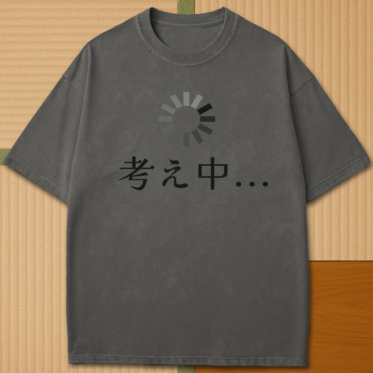 Japanese-inspired cotton Thinking In Japanese T-Shirt in Pepper on Comfort Colors 1717, styled in a modern flatlay scene.