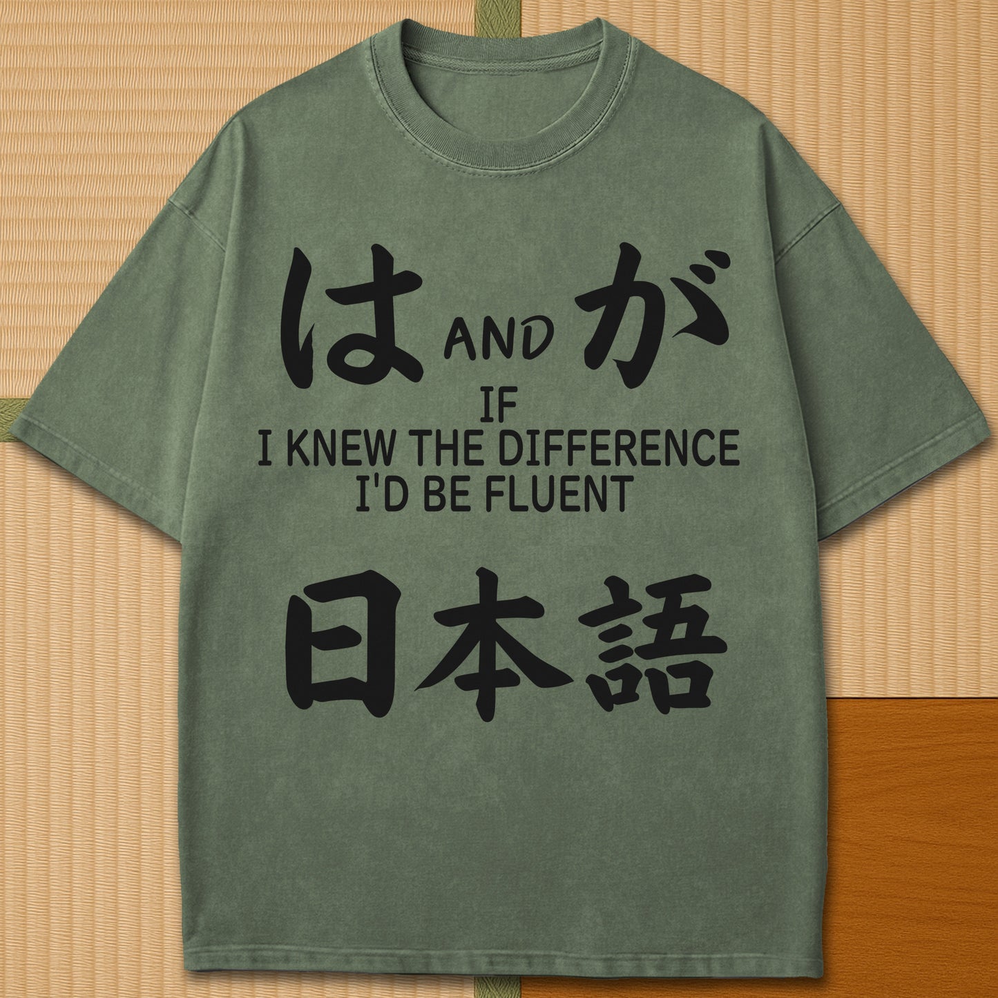 Japanese-inspired cotton Wa And Ga Japanese T-Shirt in Moss on Comfort Colors 1717, styled in a modern flatlay scene.
