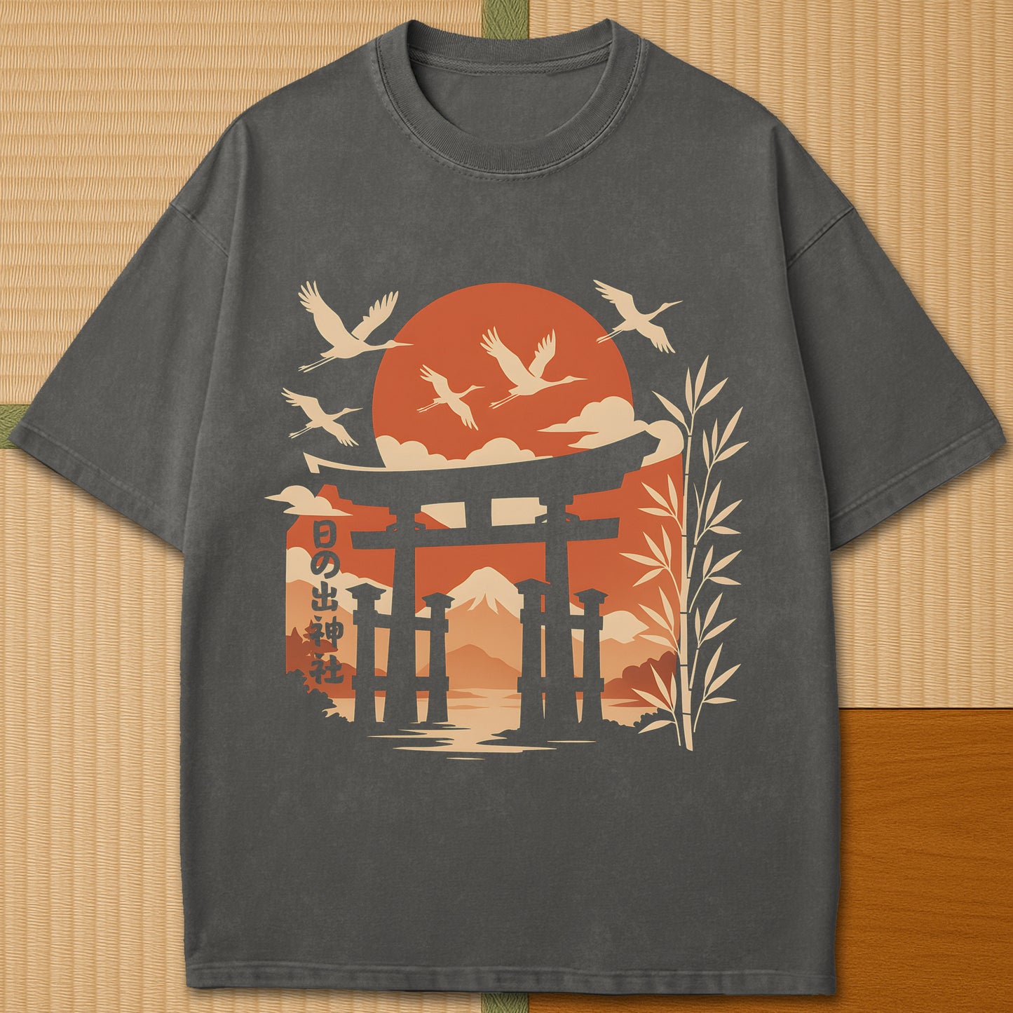 Japanese-inspired cotton Sunrise Shrine T-Shirt in Pepper on Comfort Colors 1717, styled in a modern flatlay scene.