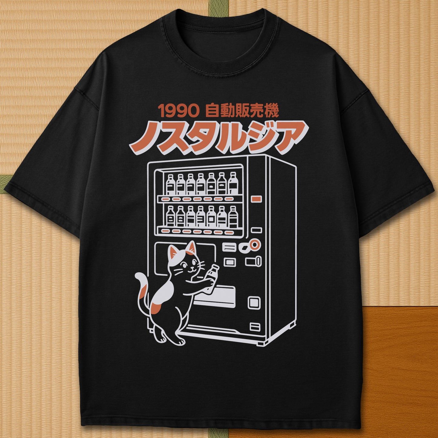Japanese-inspired cotton Neko Nostalgia T-Shirt in Black on Comfort Colors 1717, styled in a modern flatlay scene.