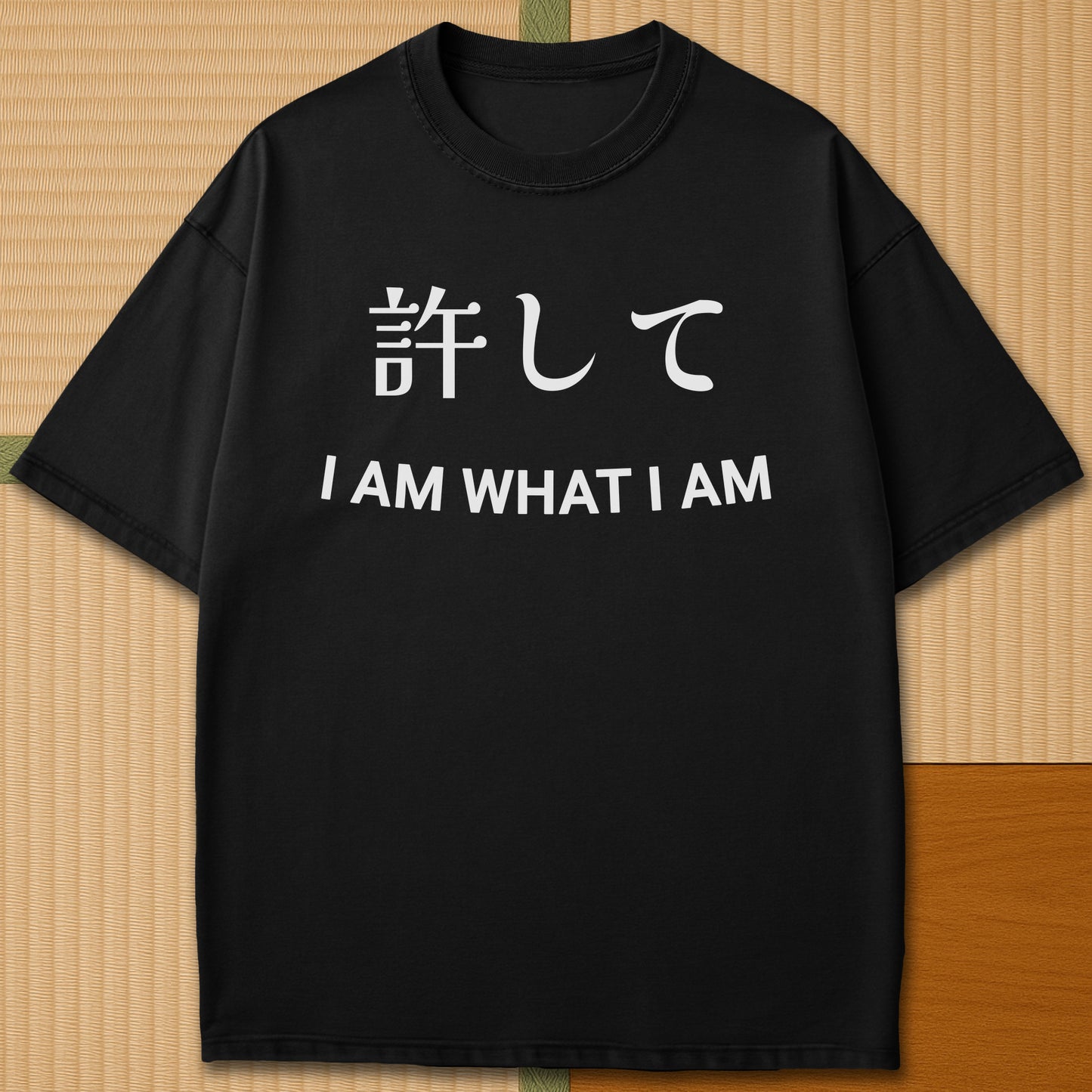 Japanese-inspired cotton Forgive Me In Japanese T-Shirt in Black on Comfort Colors 1717, styled in a modern flatlay scene.