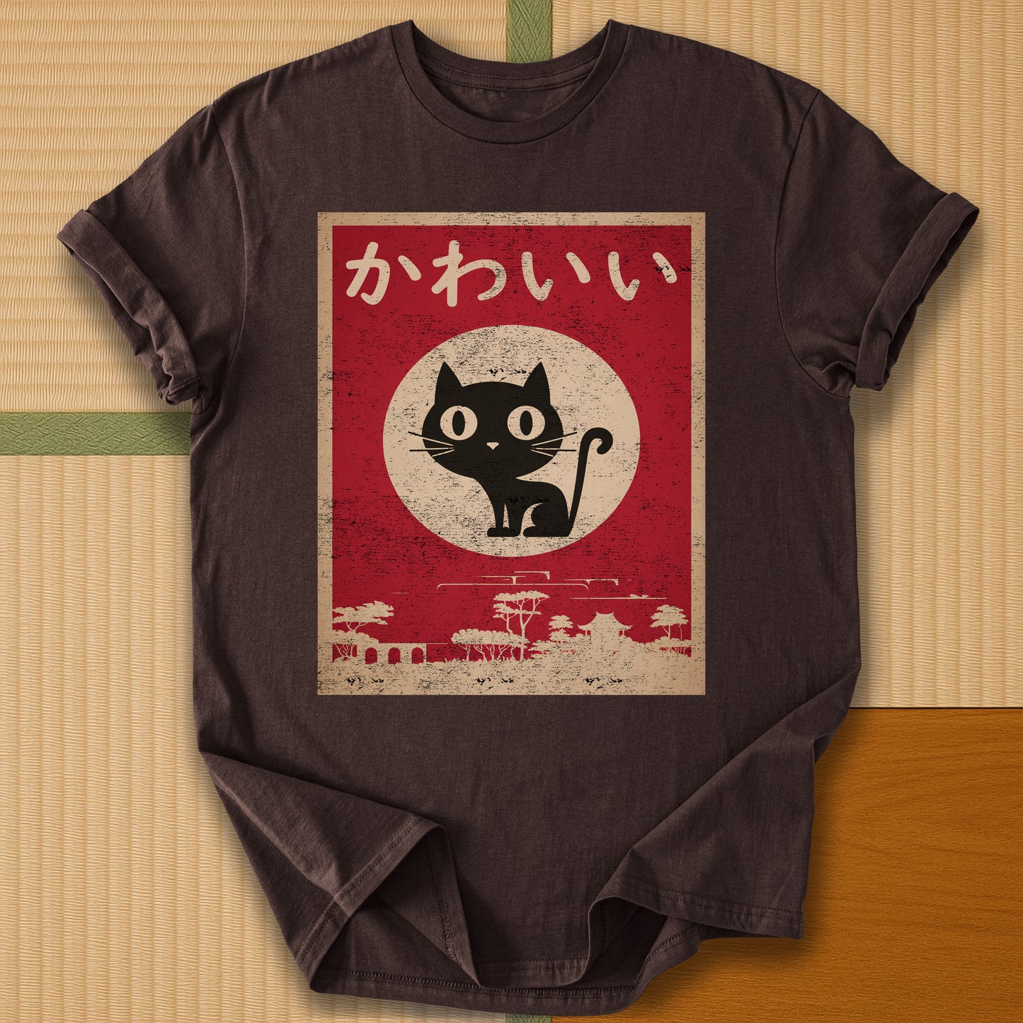 Japanese-inspired cotton Kawaii Cat T-Shirt in Dark Chocolate on Gildan 64000, styled in a modern flatlay scene
