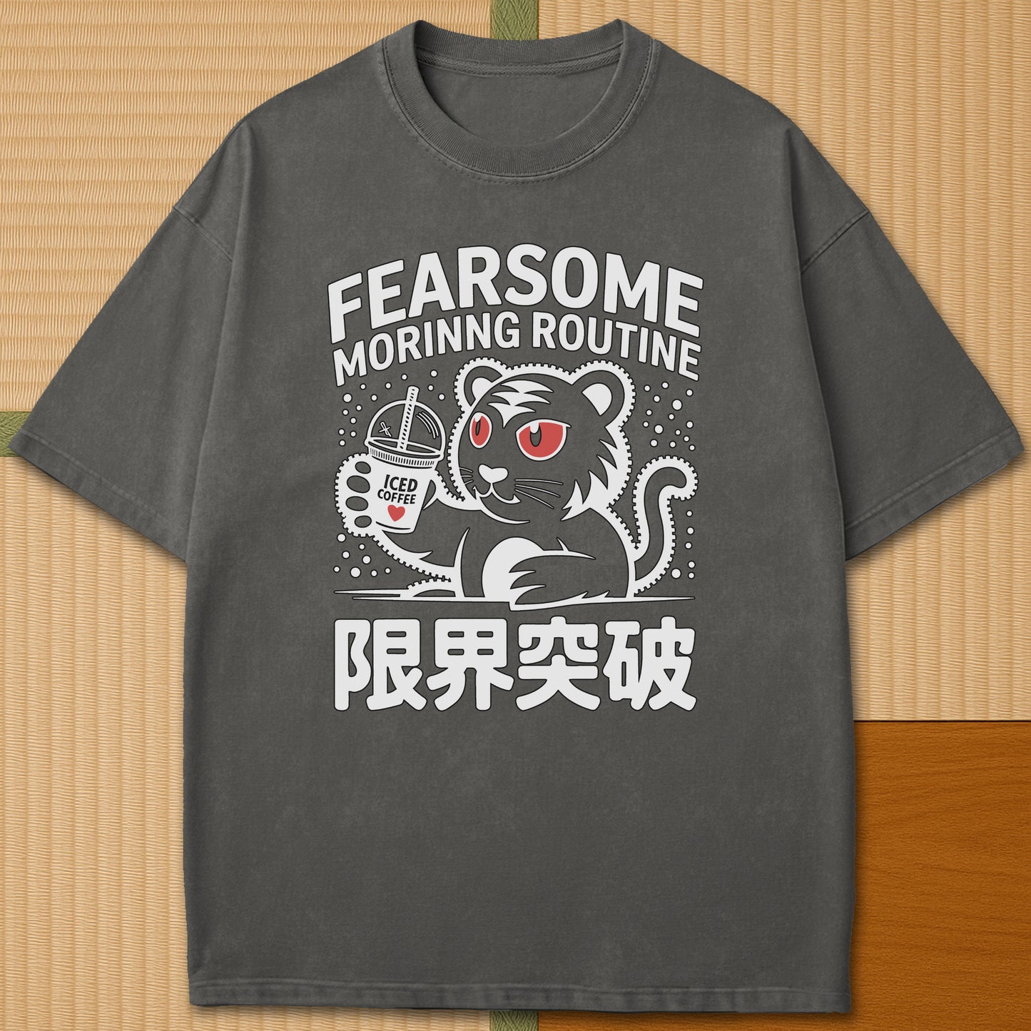 Japanese-inspired cotton Caffeinated Predator T-Shirt in Pepper on Comfort Colors 1717, styled in a modern flatlay scene.