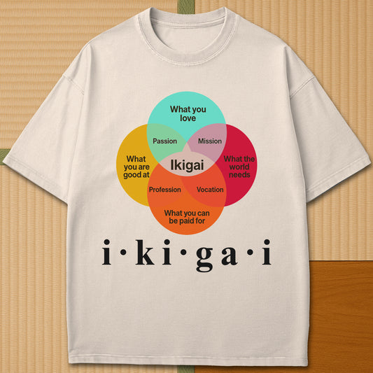 Japanese-inspired cotton Heart Of Ikigai T-Shirt in Ivory on Comfort Colors 1717, styled in a modern flatlay scene.