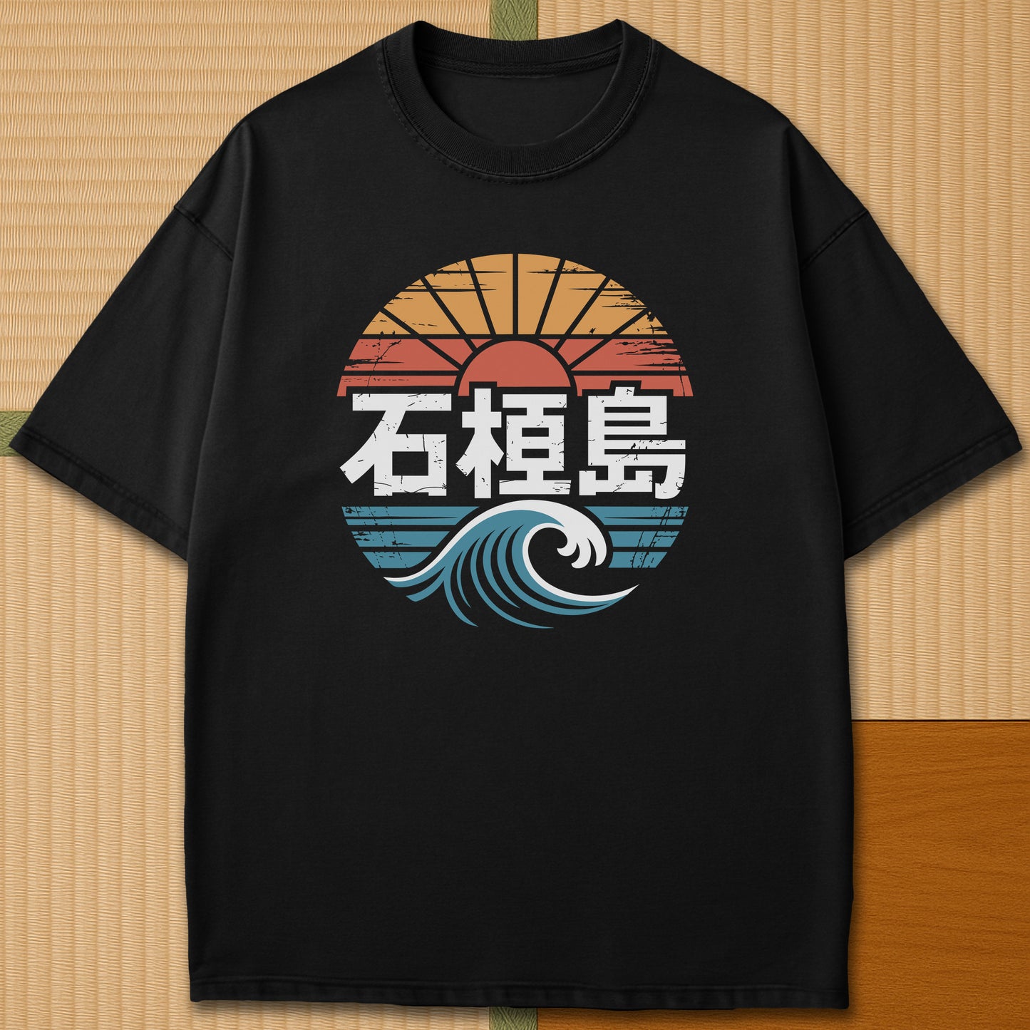 Japanese-inspired cotton Ishigaki Island Vintage Graphic Travel T-Shirt in Black on Comfort Colors 1717, styled in a modern flatlay scene.