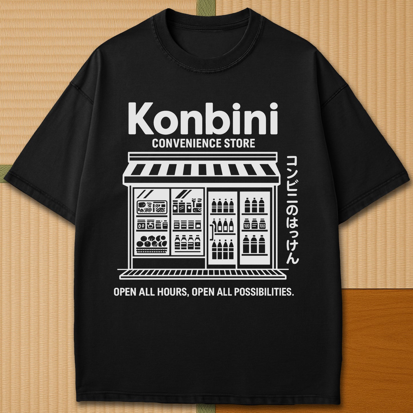 Japanese-inspired cotton Konbini Life T-Shirt in Black on Comfort Colors 1717, styled in a modern flatlay scene.