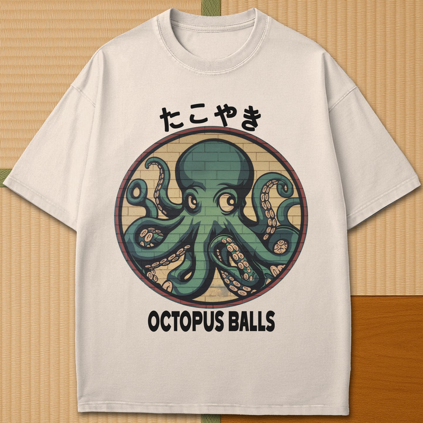 Japanese-inspired cotton Octopus Balls T-Shirt in Ivory on Comfort Colors 1717, styled in a modern flatlay scene.