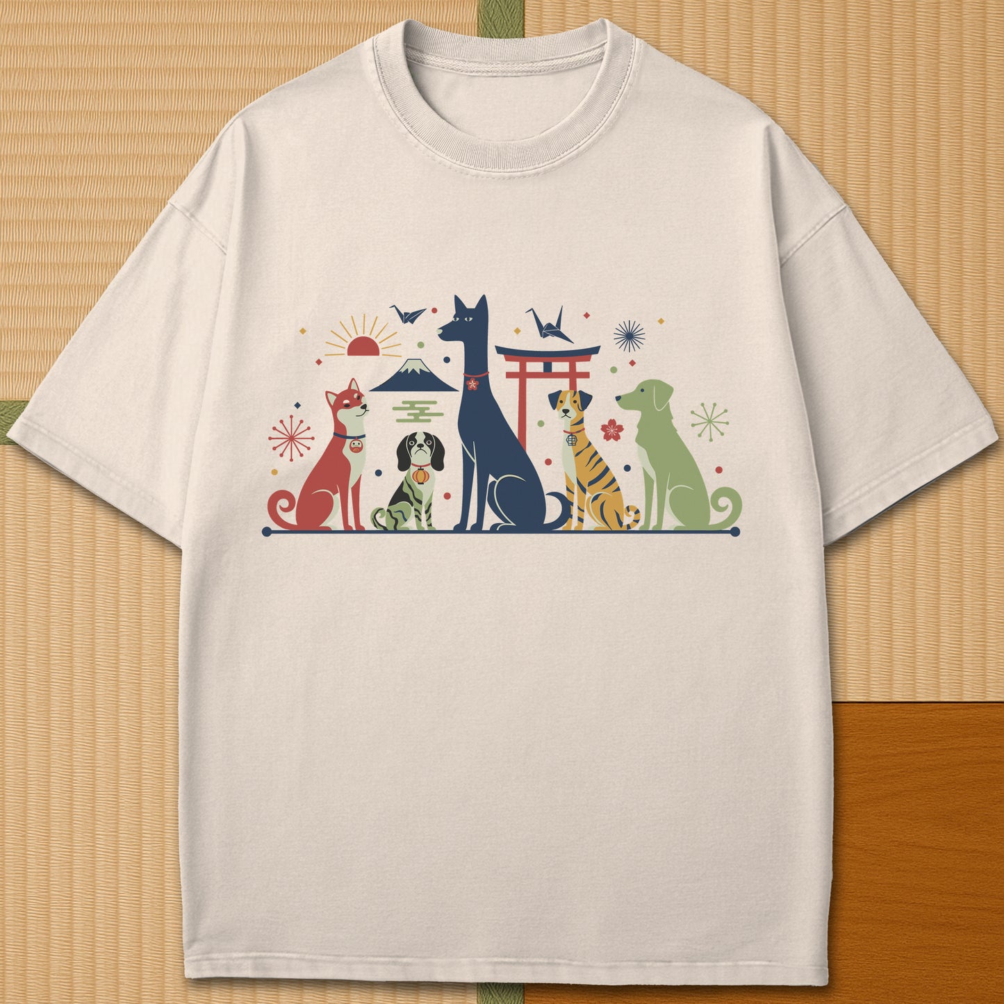 Japanese-inspired cotton Mid Century Retro Japanese Dogs T-Shirt in Ivory on Comfort Colors 1717, styled in a modern flatlay scene.