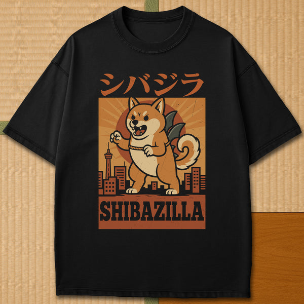 Japanese-inspired cotton Shibazilla Shiba Inu Retro Japanese Kaiju Monster Movie Poster T-Shirt in Black on Comfort Colors 1717, styled in a modern flatlay scene.