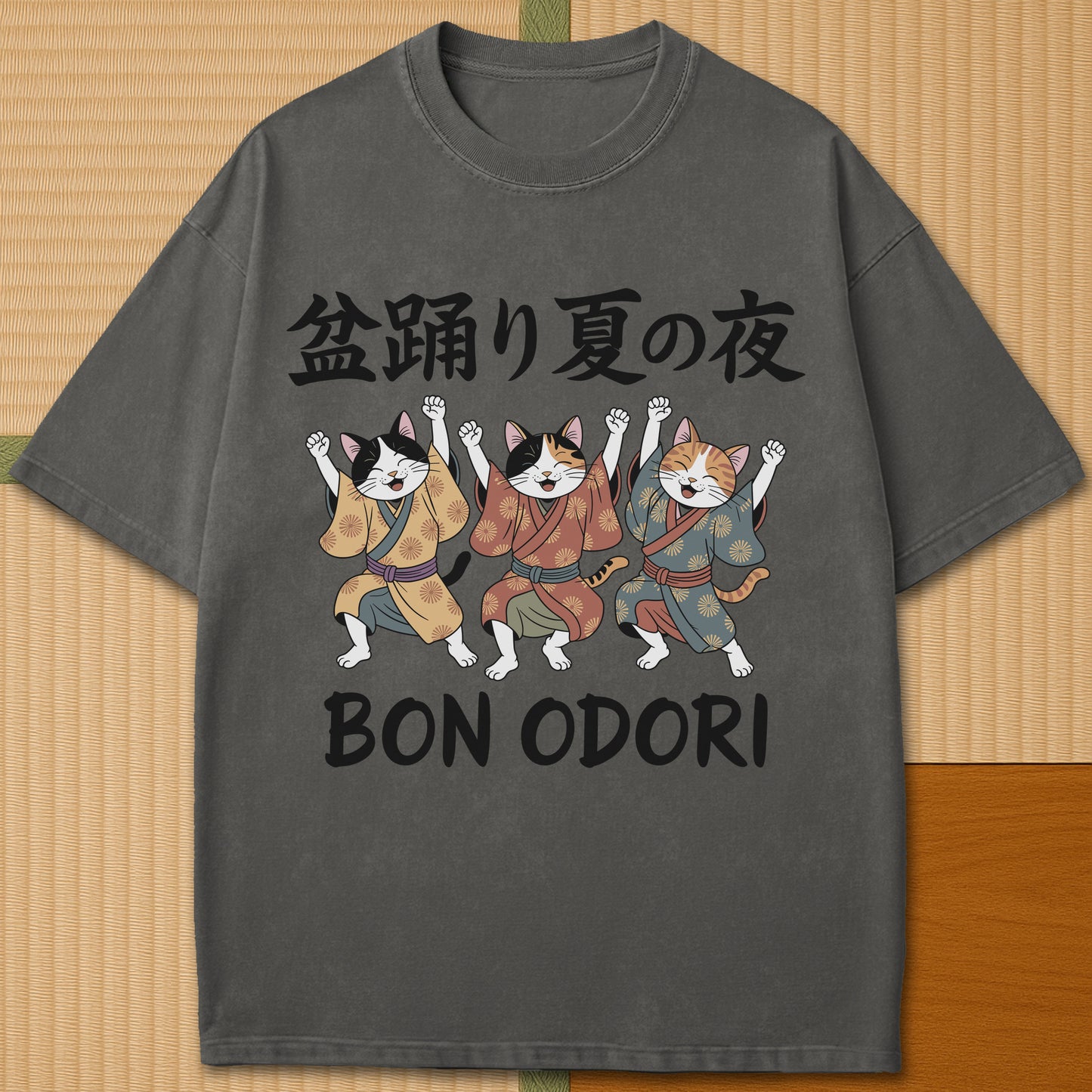 Japanese-inspired cotton Summer Night Bon Odori Cats T-Shirt in Pepper on Comfort Colors 1717, styled in a modern flatlay scene.