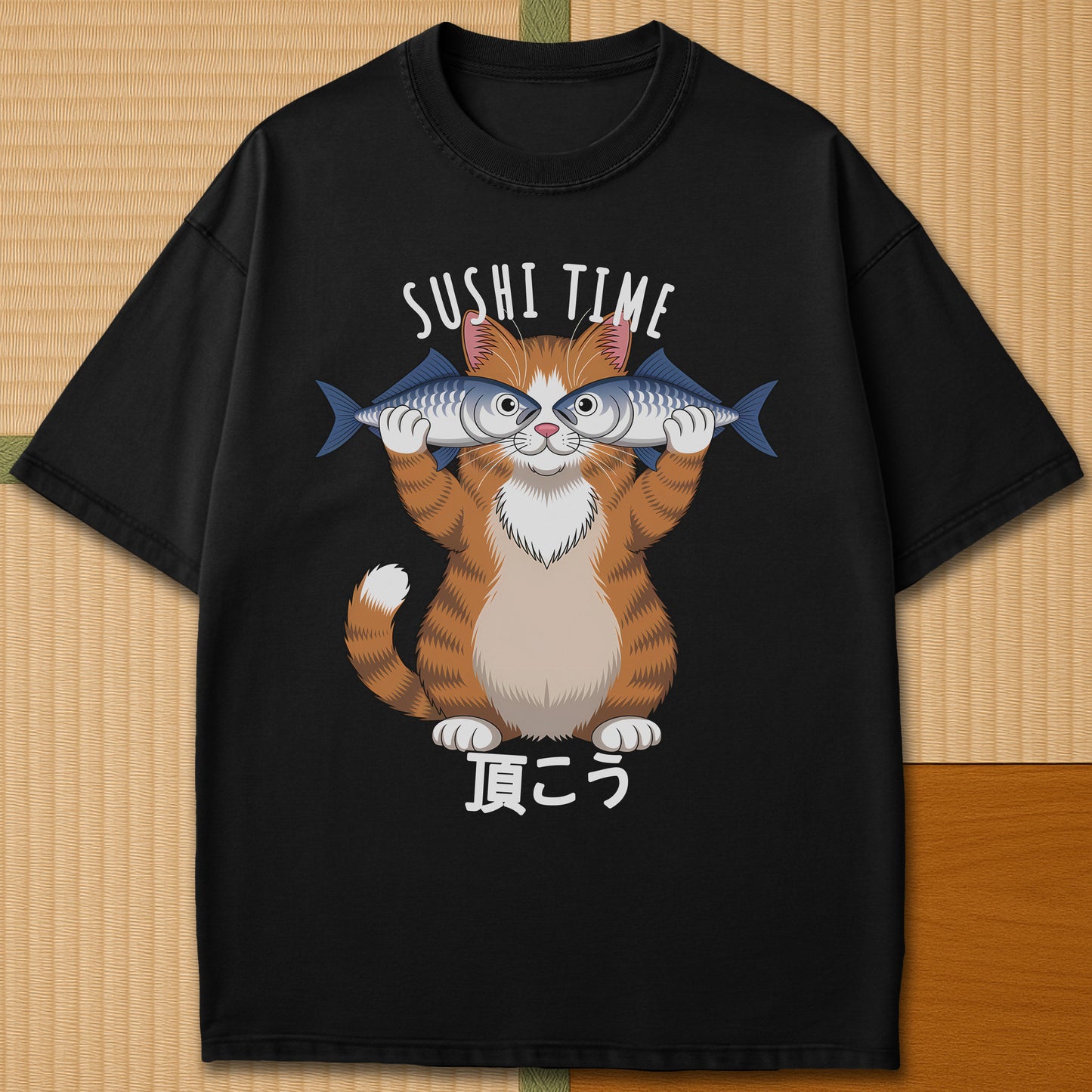 Japanese-inspired cotton Cat Sushi Time T-Shirt in Black on Comfort Colors 1717, styled in a modern flatlay scene.