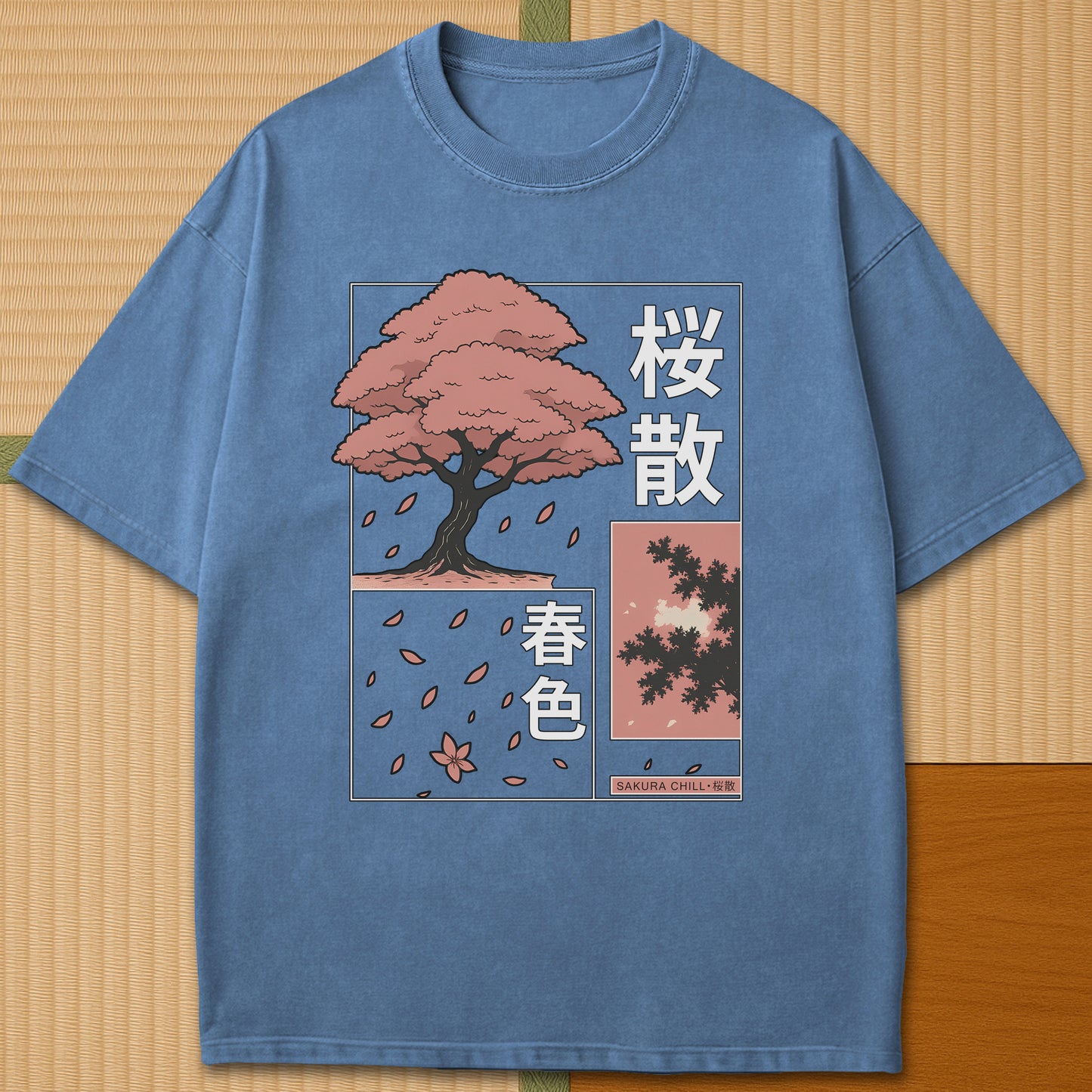 Japanese-inspired cotton Sakura Chill T-Shirt in Blue Jean on Comfort Colors 1717, styled in a modern flatlay scene.