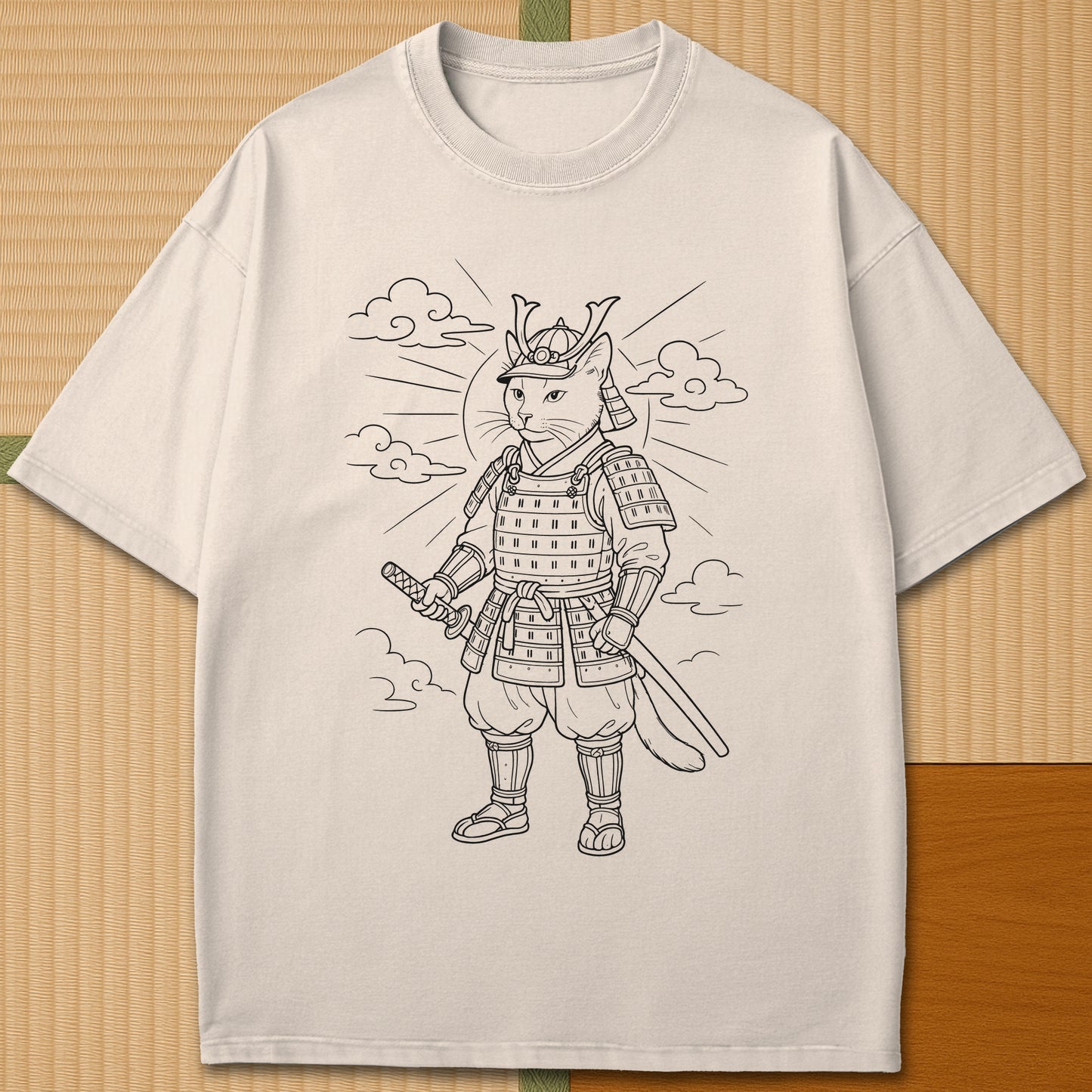 Japanese-inspired cotton Rising Sun Samurai Cat T-Shirt in Ivory on Comfort Colors 1717, styled in a modern flatlay scene.