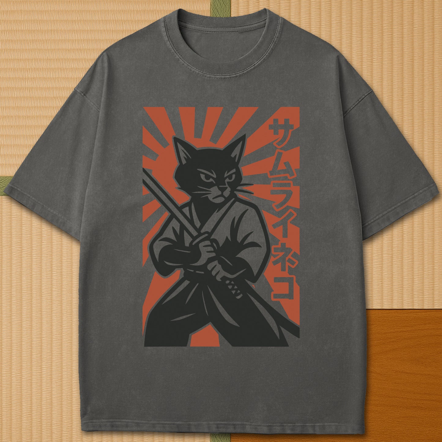 Japanese-inspired cotton Samurai Neko Rising T-Shirt in Pepper on Comfort Colors 1717, styled in a modern flatlay scene.