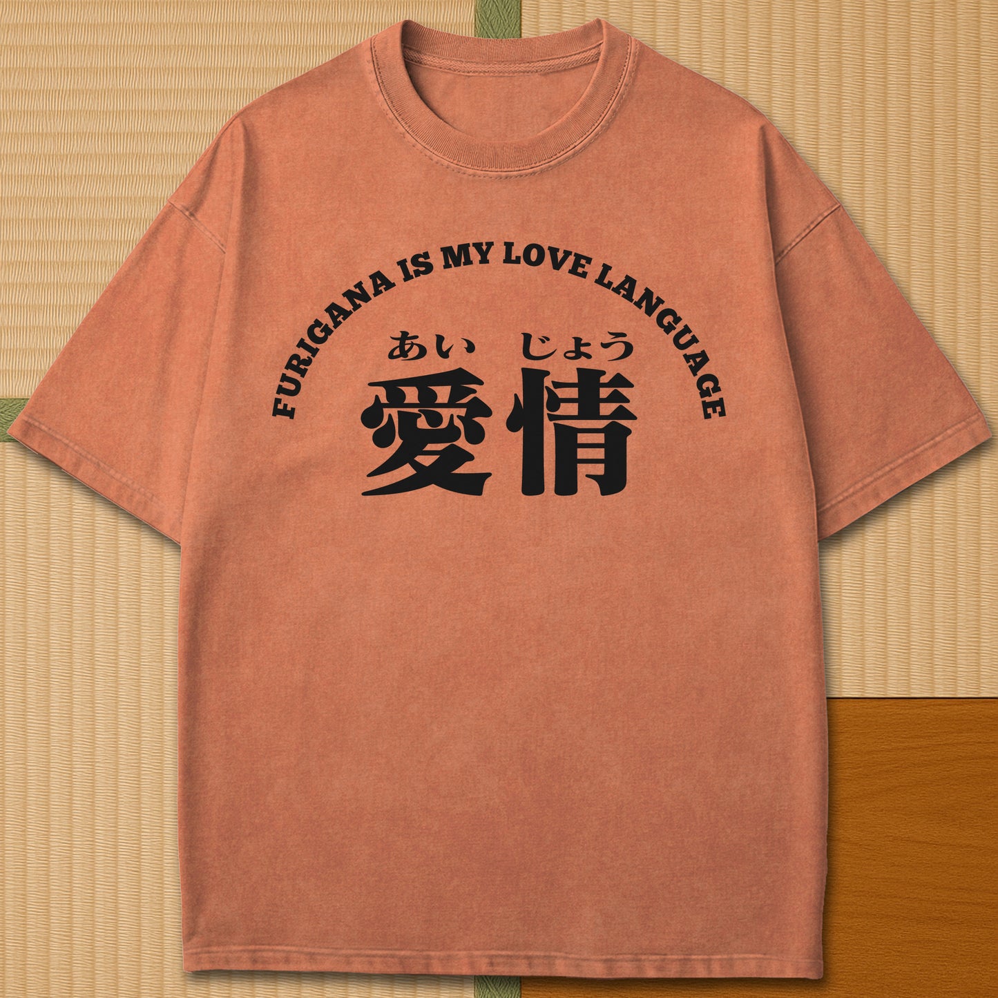 Japanese-inspired cotton Furigana Love Language T-Shirt in Yam on Comfort Colors 1717, styled in a modern flatlay scene.