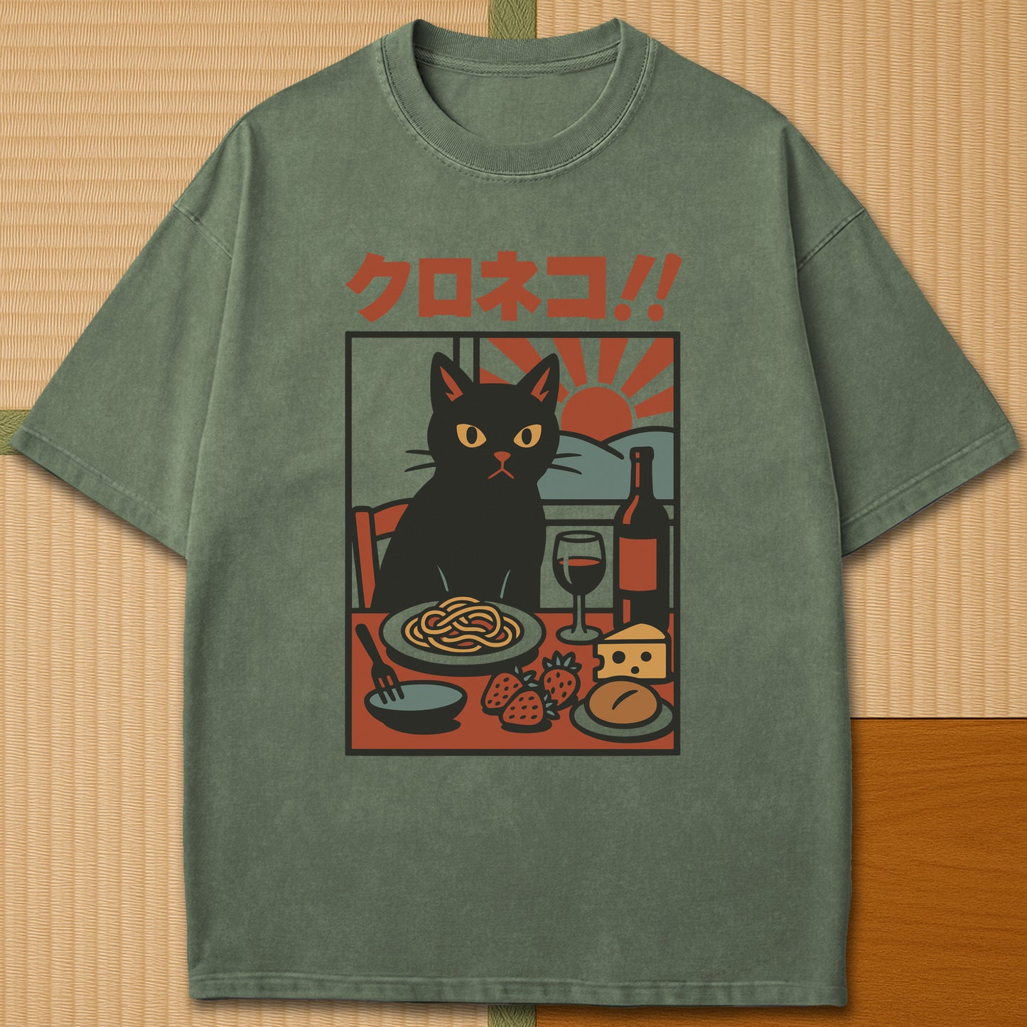 Japanese-inspired cotton Sunset Supper Cat T-Shirt in Moss on Comfort Colors 1717, styled in a modern flatlay scene.
