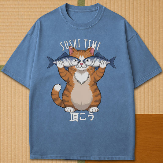 Japanese-inspired cotton Cat Sushi Time T-Shirt in Blue Jean on Comfort Colors 1717, styled in a modern flatlay scene.