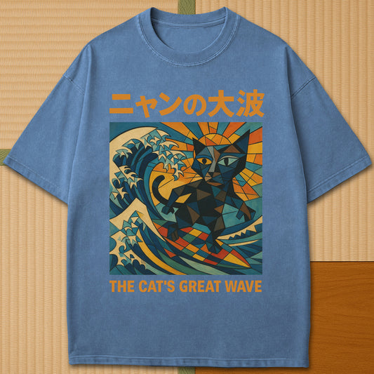 Japanese-inspired cotton Nyan No Oonami The Great Wave T-Shirt in Blue Jean on Comfort Colors 1717, styled in a modern flatlay scene.