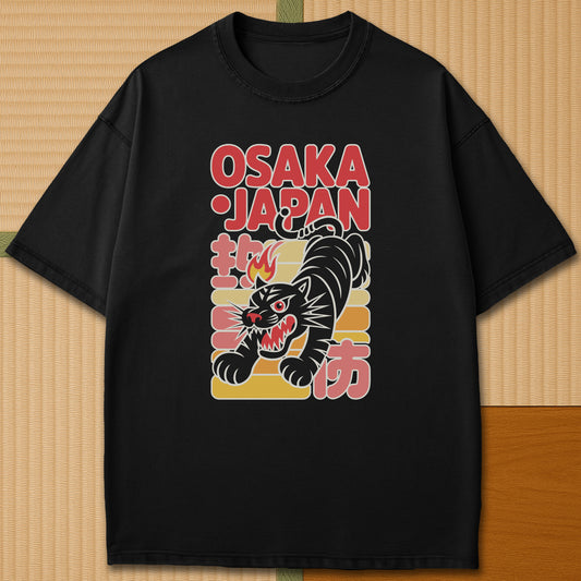 Japanese-inspired cotton Osaka Fire Tiger T-Shirt in Black on Comfort Colors 1717, styled in a modern flatlay scene.