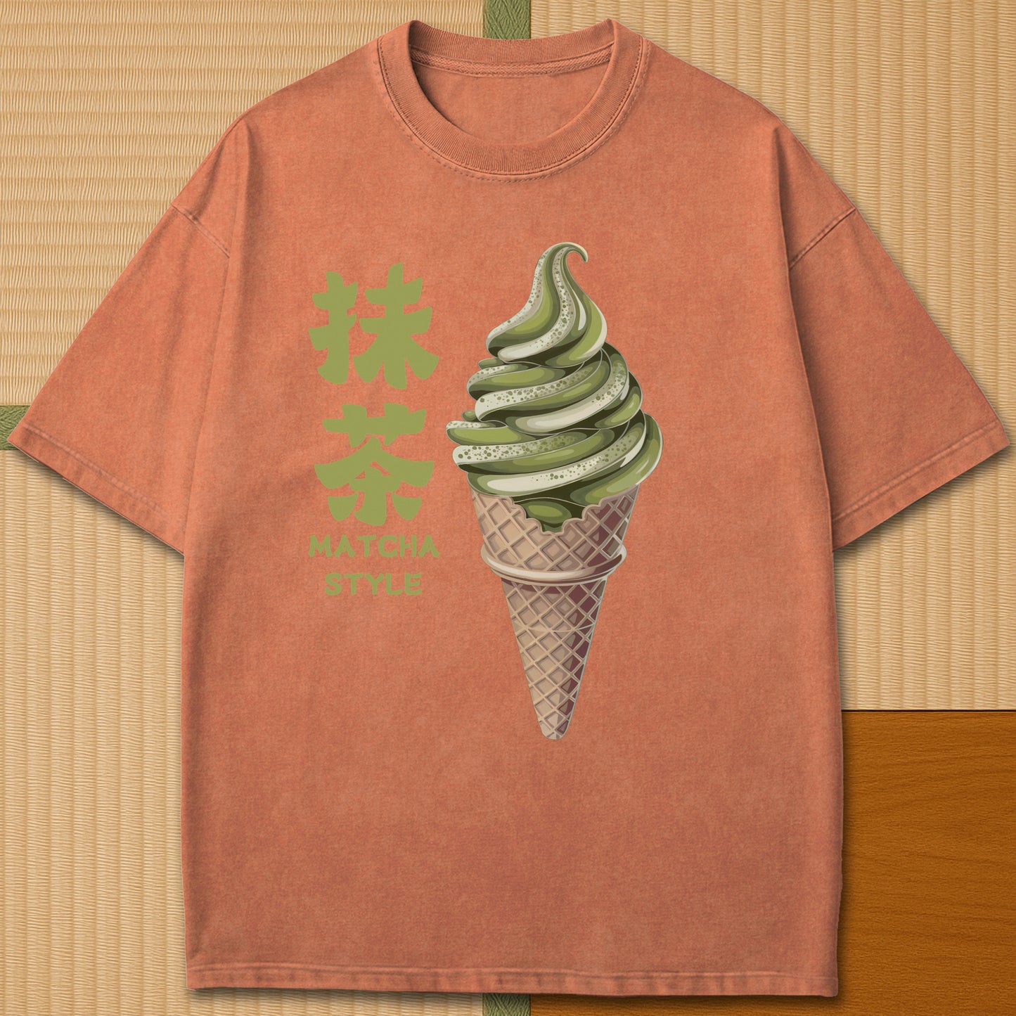Japanese-inspired cotton Matcha Ice Cream T-Shirt in Yam on Comfort Colors 1717, styled in a modern flatlay scene.