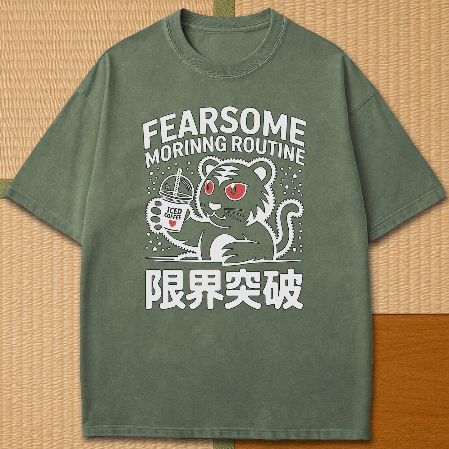 Japanese-inspired cotton Caffeinated Predator T-Shirt in Moss on Comfort Colors 1717, styled in a modern flatlay scene.
